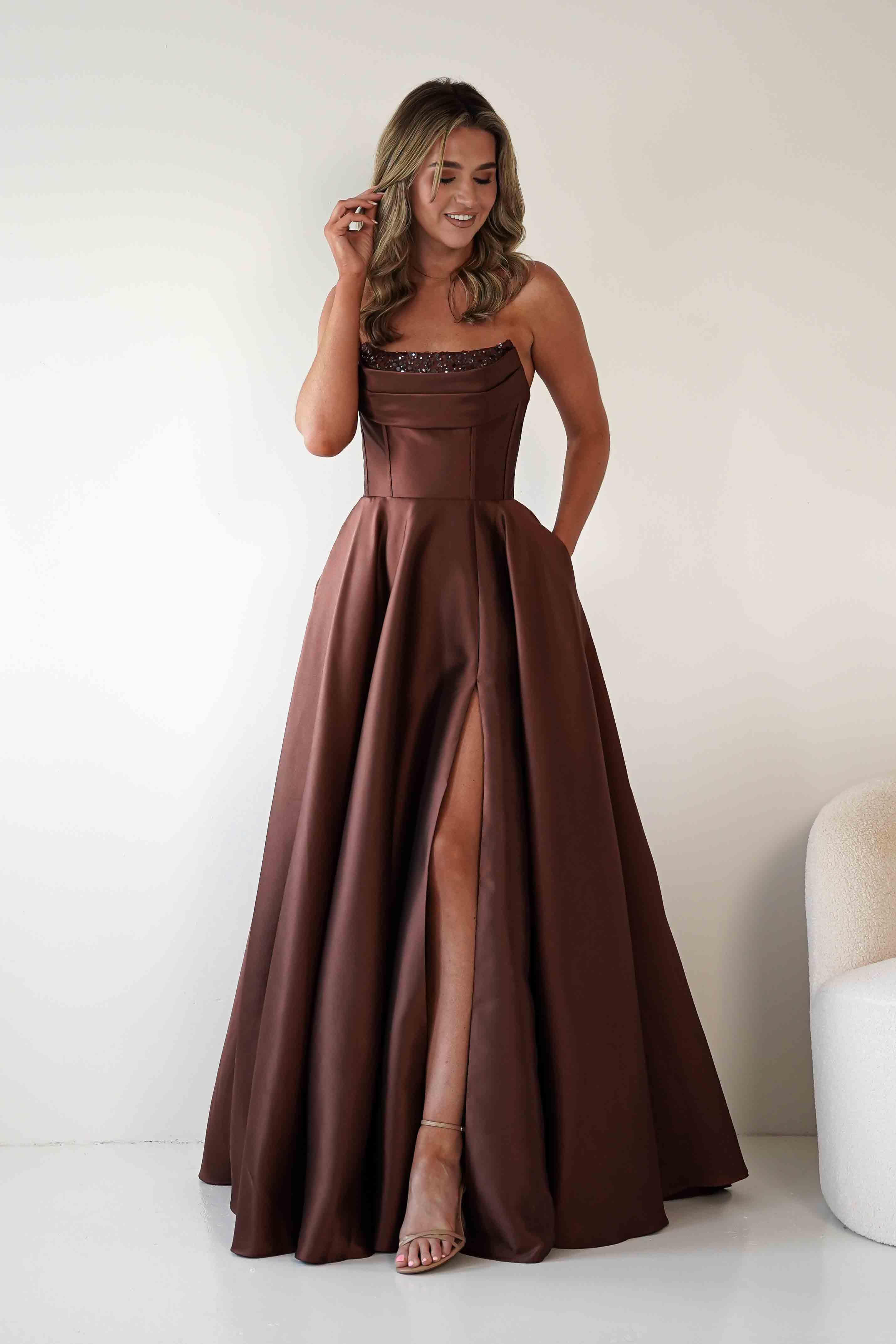 F&P Debs & Prom Dresses Pepper Strapless A-Line Maxi Gown | Brown