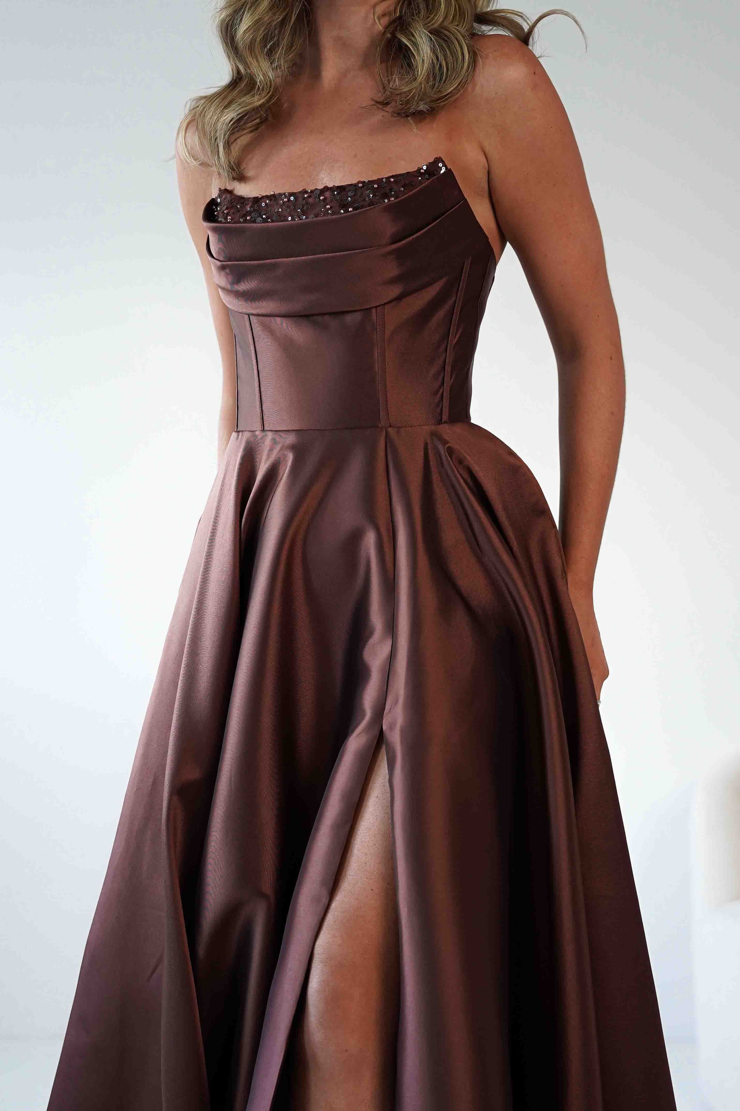 F&P Debs & Prom Dresses Pepper Strapless A-Line Maxi Gown | Brown