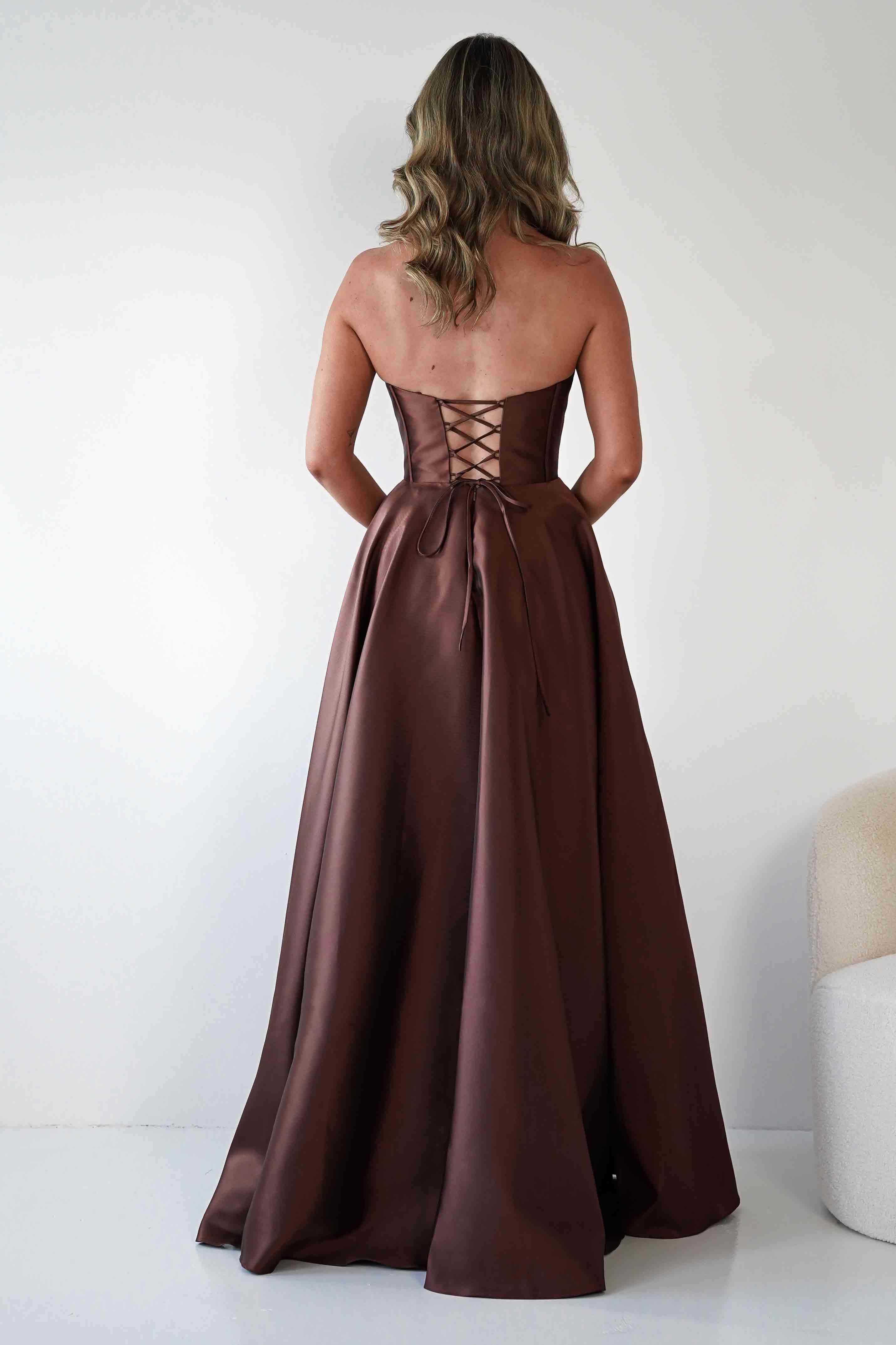 F&P Debs & Prom Dresses Pepper Strapless A-Line Maxi Gown | Brown