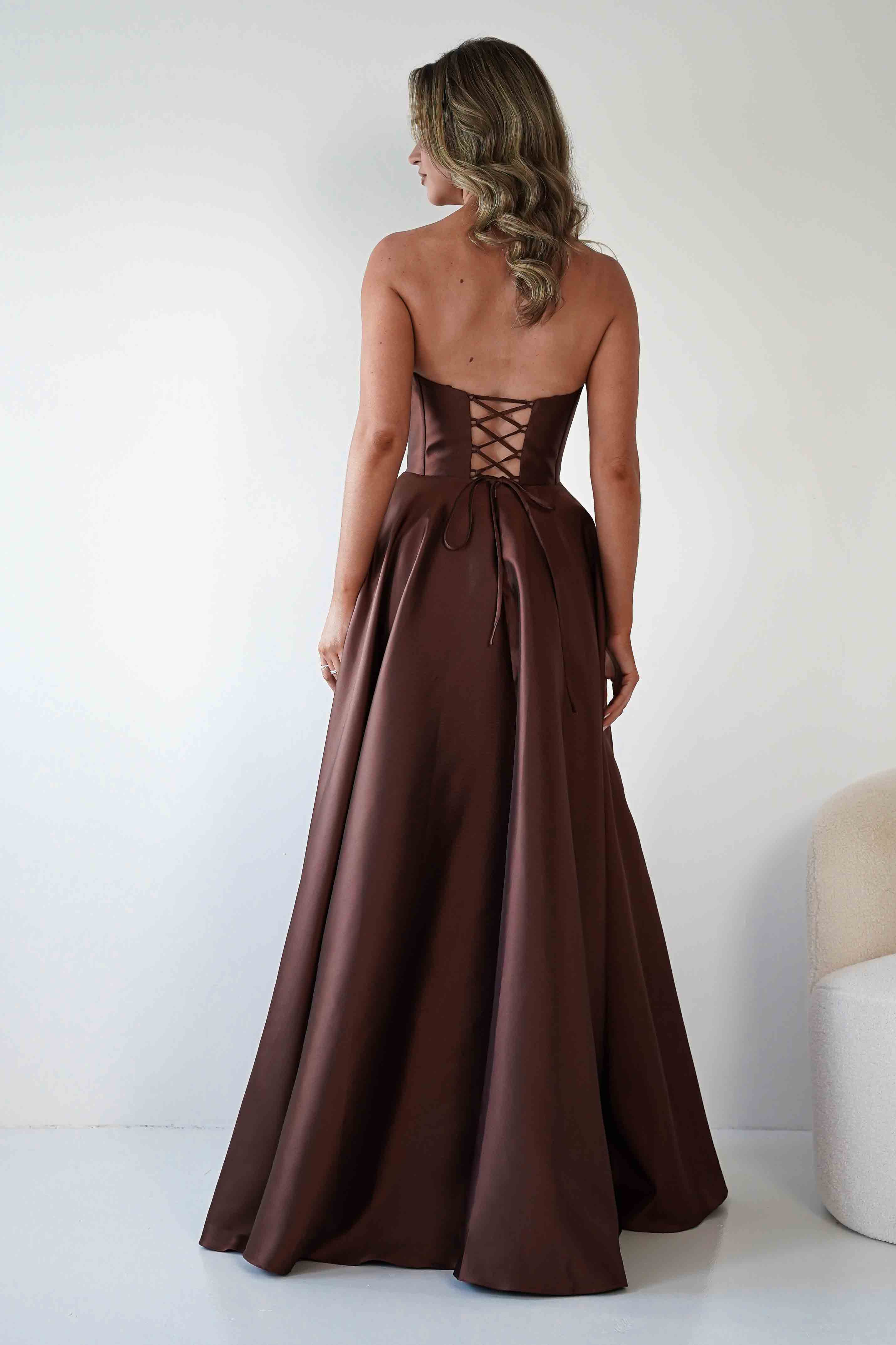 F&P Debs & Prom Dresses Pepper Strapless A-Line Maxi Gown | Brown