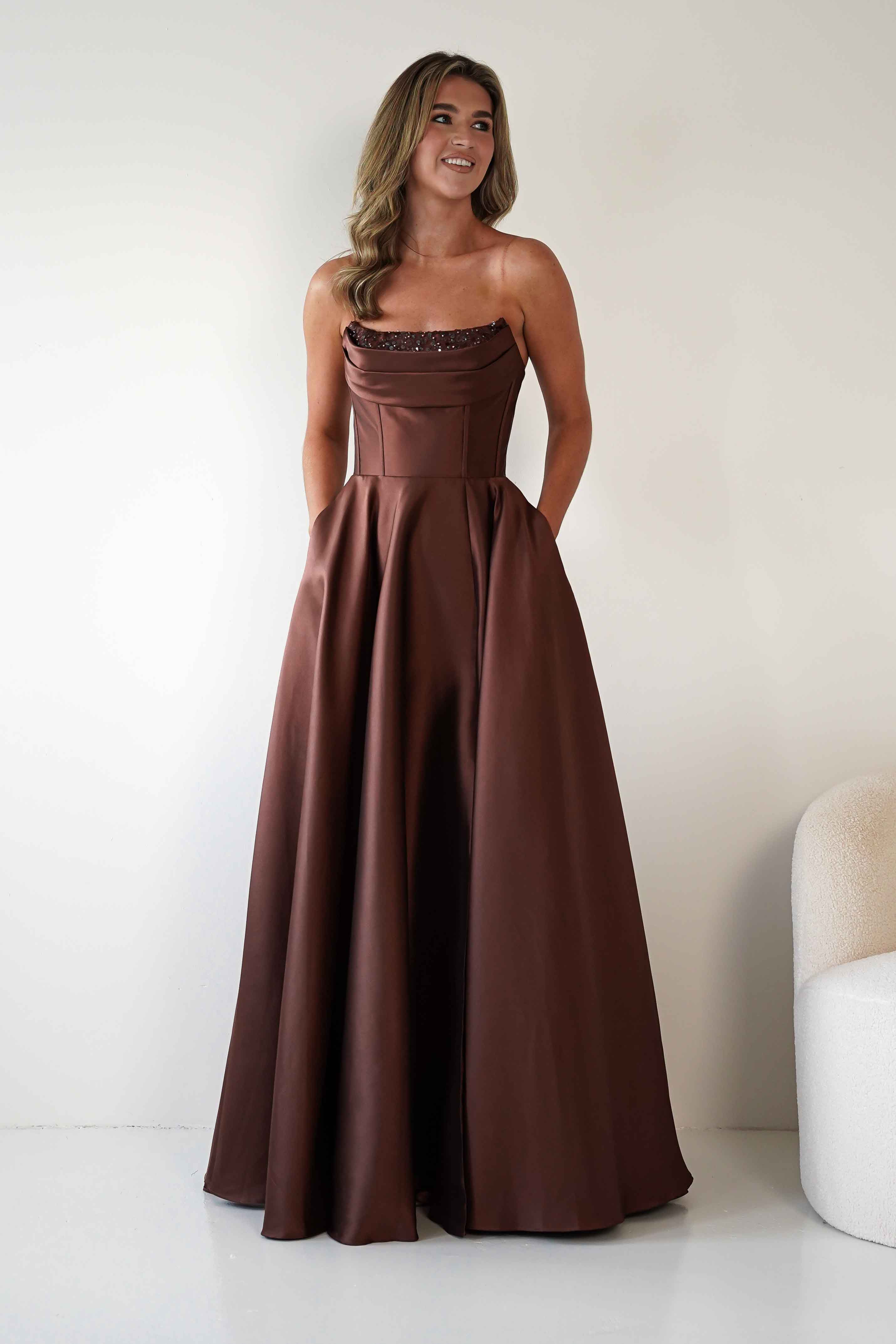 F&P Debs & Prom Dresses Pepper Strapless A-Line Maxi Gown | Brown