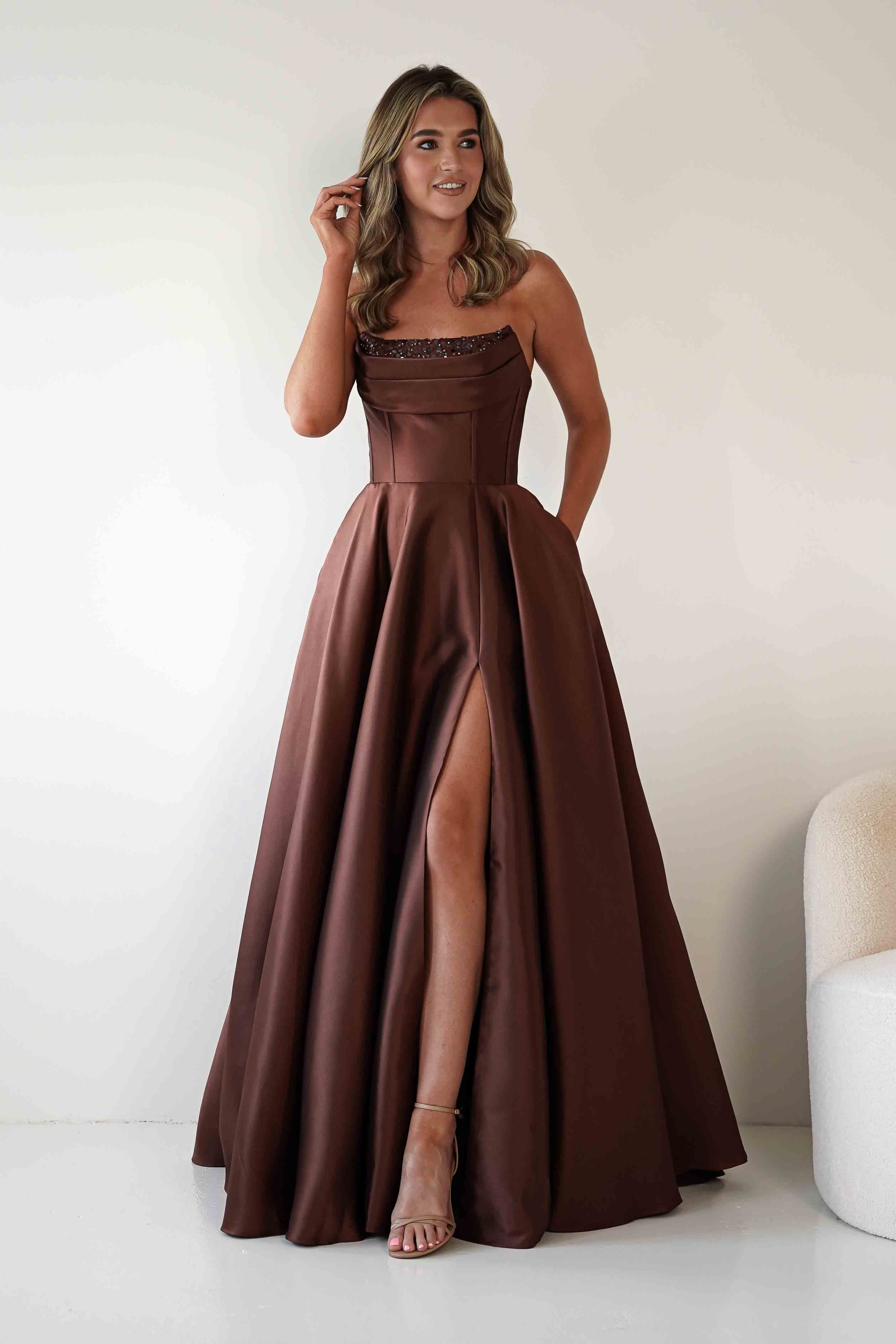 F&P Debs & Prom Dresses Pepper Strapless A-Line Maxi Gown | Brown