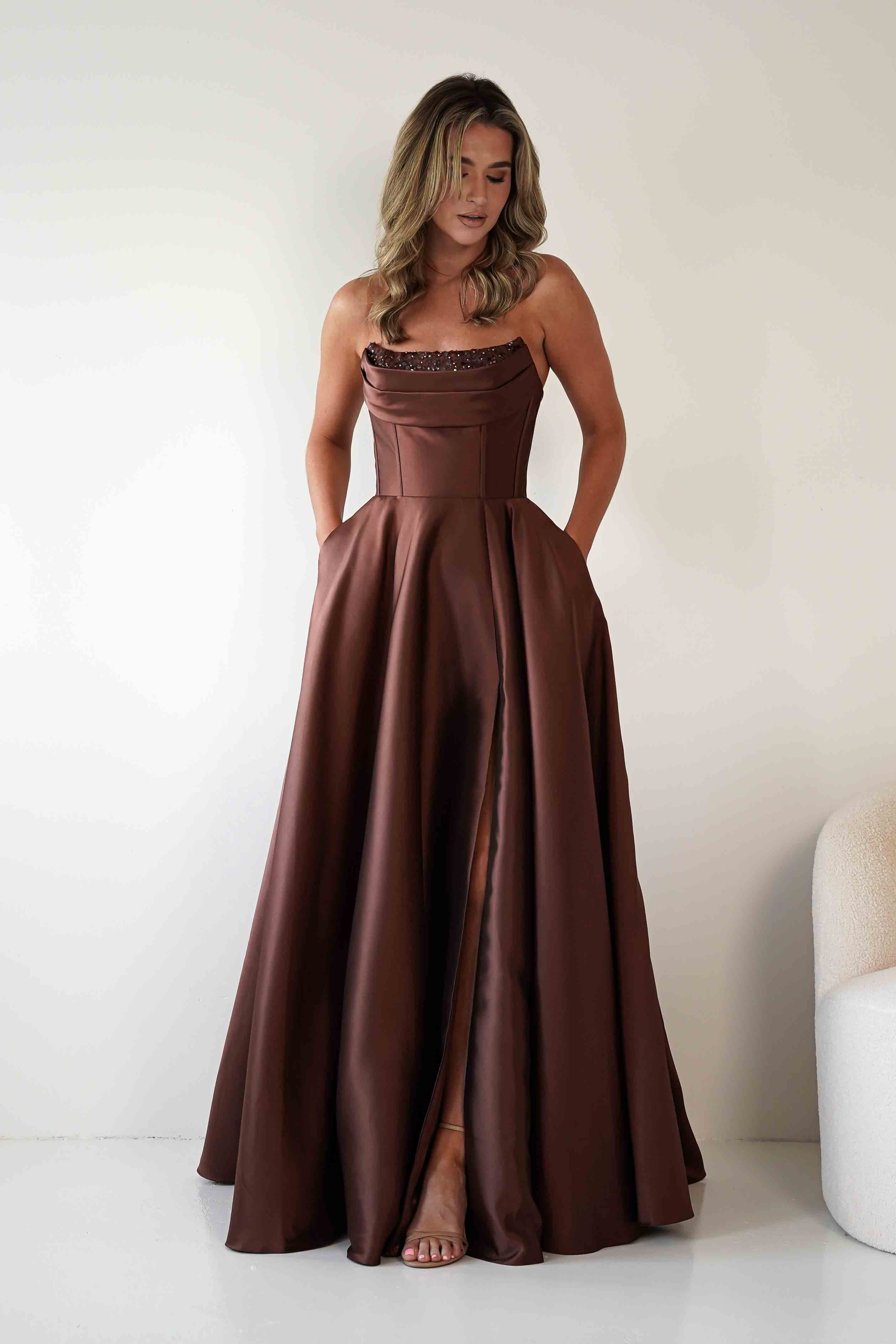 F&P Debs & Prom Dresses Pepper Strapless A-Line Maxi Gown | Brown