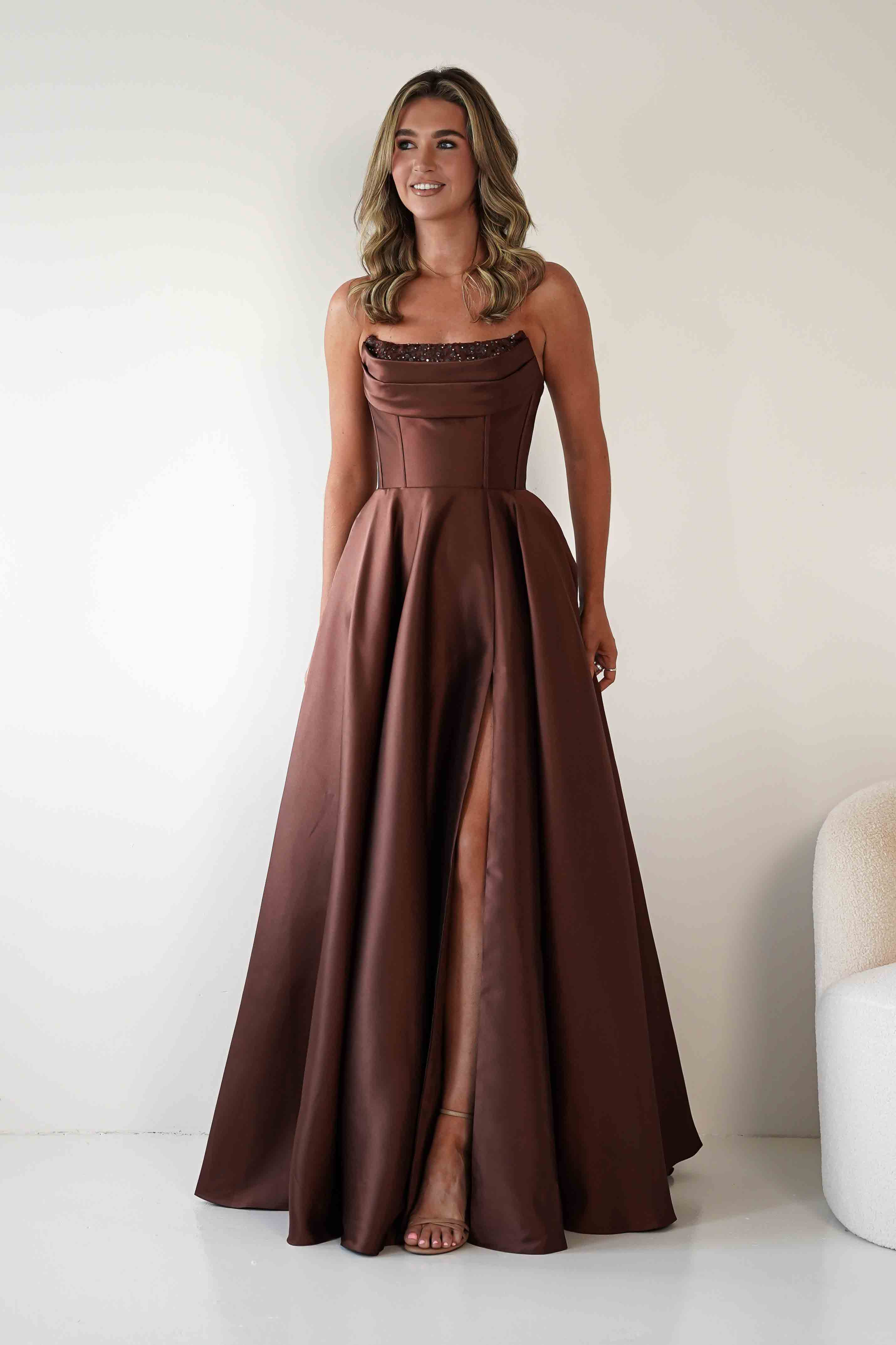 F&P Debs & Prom Dresses Pepper Strapless A-Line Maxi Gown | Brown