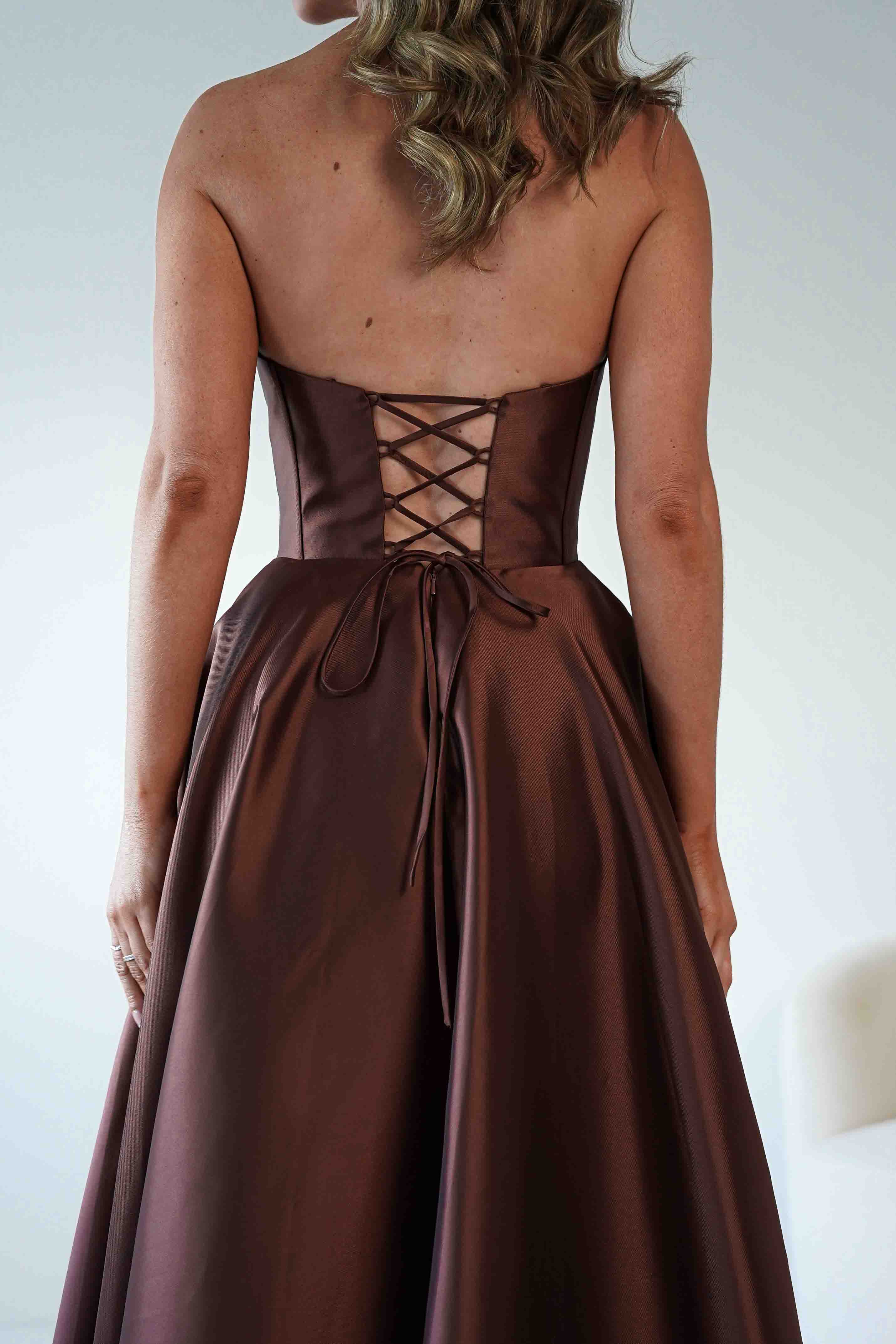 F&P Debs & Prom Dresses Pepper Strapless A-Line Maxi Gown | Brown