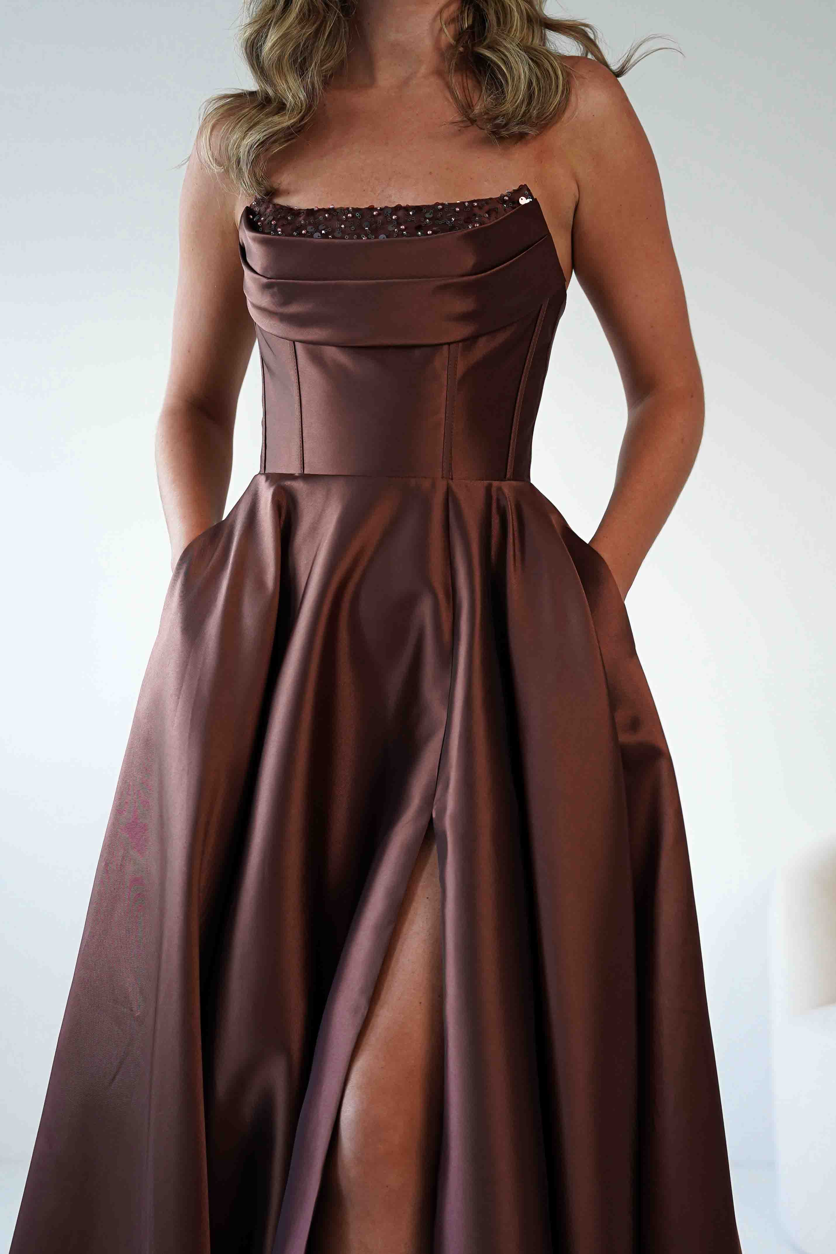 F&P Debs & Prom Dresses Pepper Strapless A-Line Maxi Gown | Brown