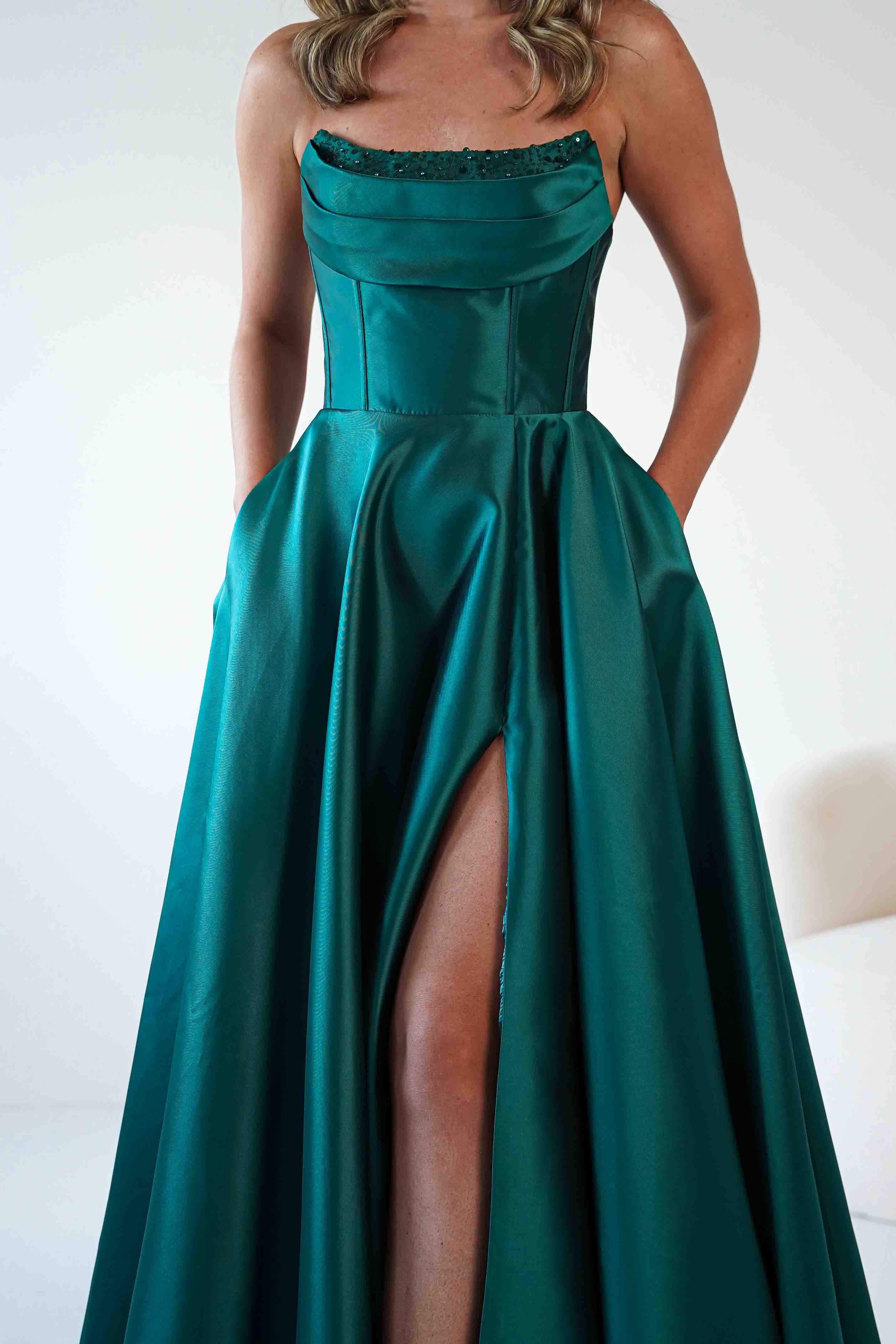 F&P Debs & Prom Dresses Pepper Strapless A-Line Maxi Gown | Emerald Green