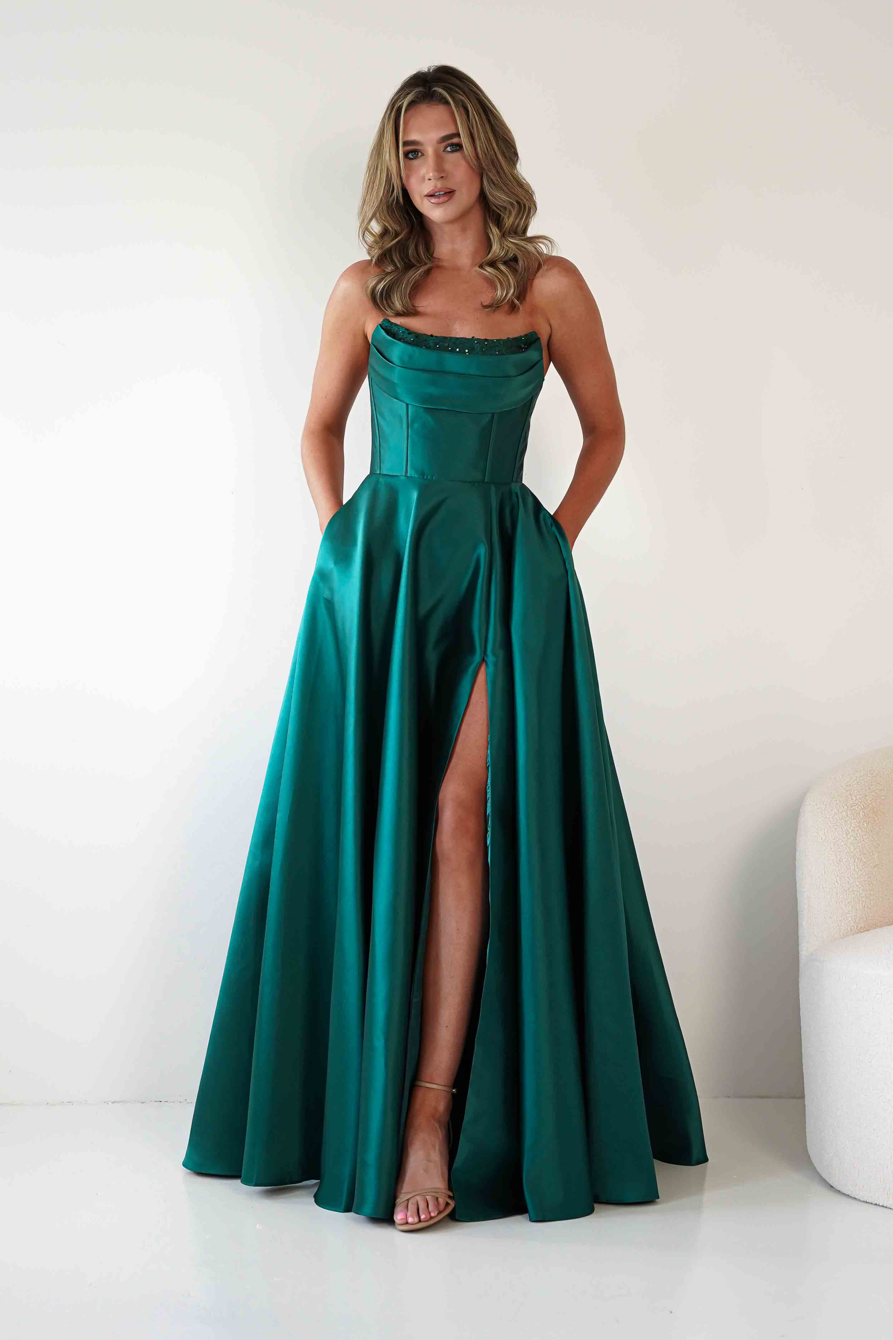 F&P Debs & Prom Dresses Pepper Strapless A-Line Maxi Gown | Emerald Green