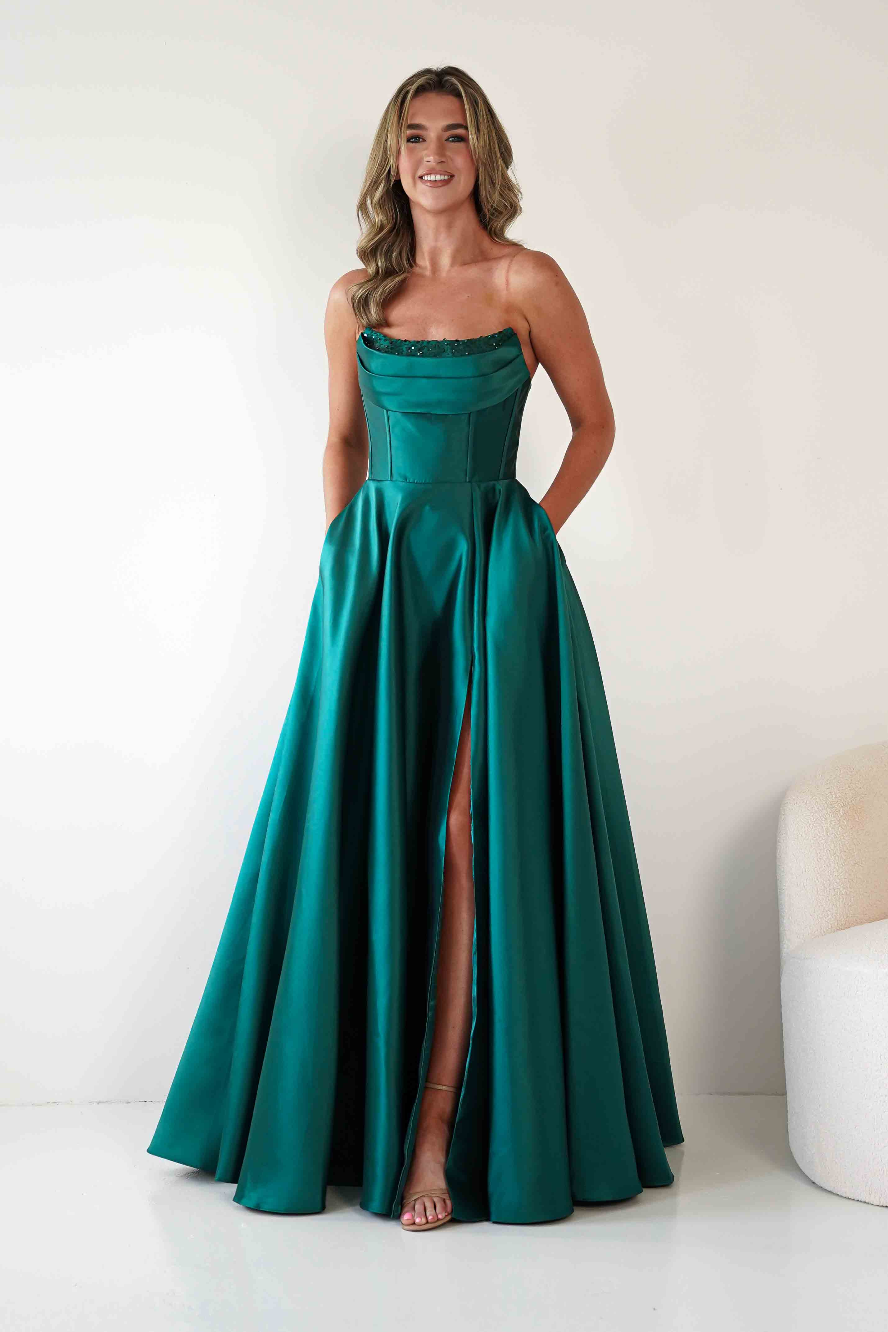F&P Debs & Prom Dresses Pepper Strapless A-Line Maxi Gown | Emerald Green