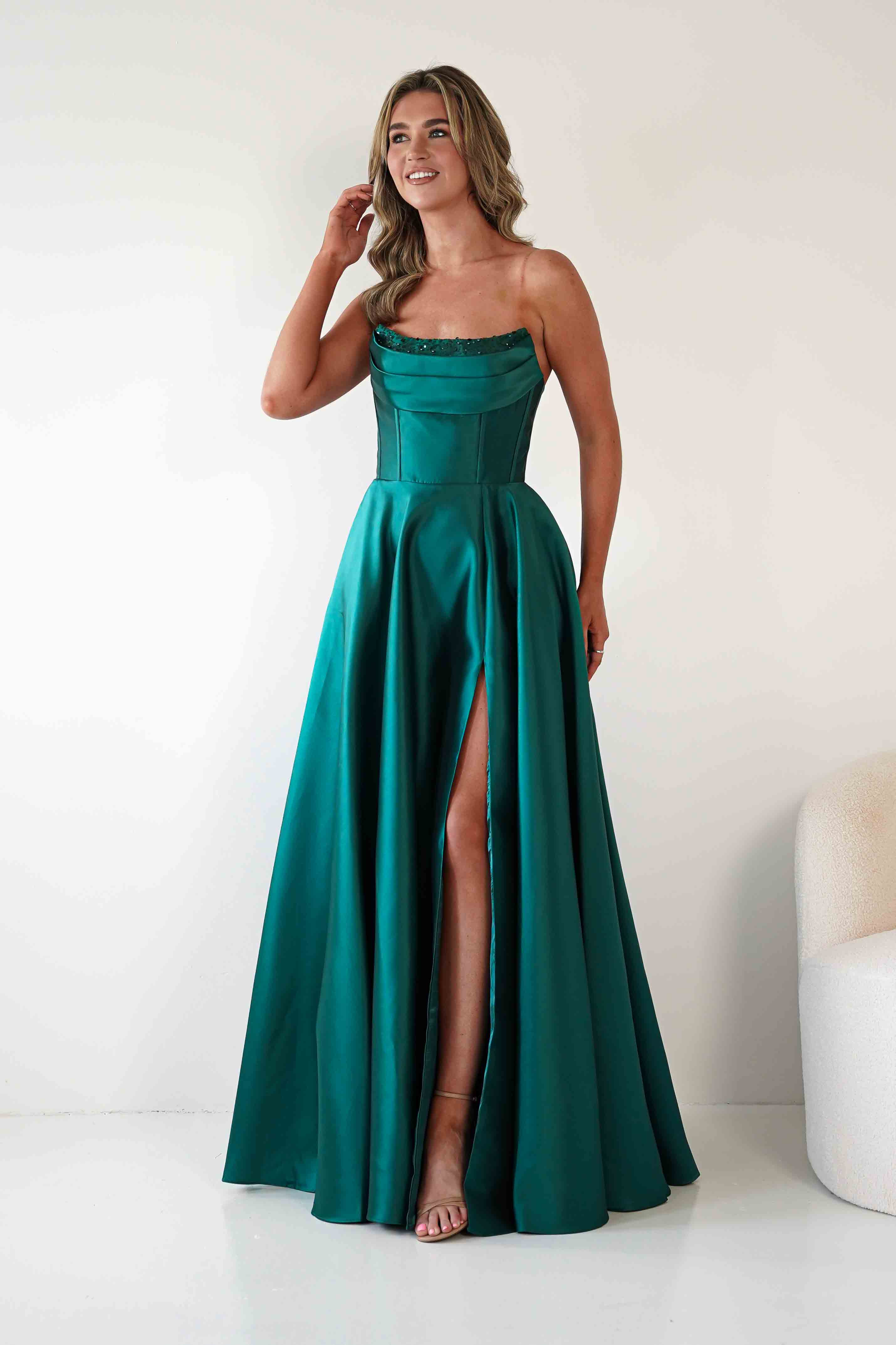 F&P Debs & Prom Dresses Pepper Strapless A-Line Maxi Gown | Emerald Green