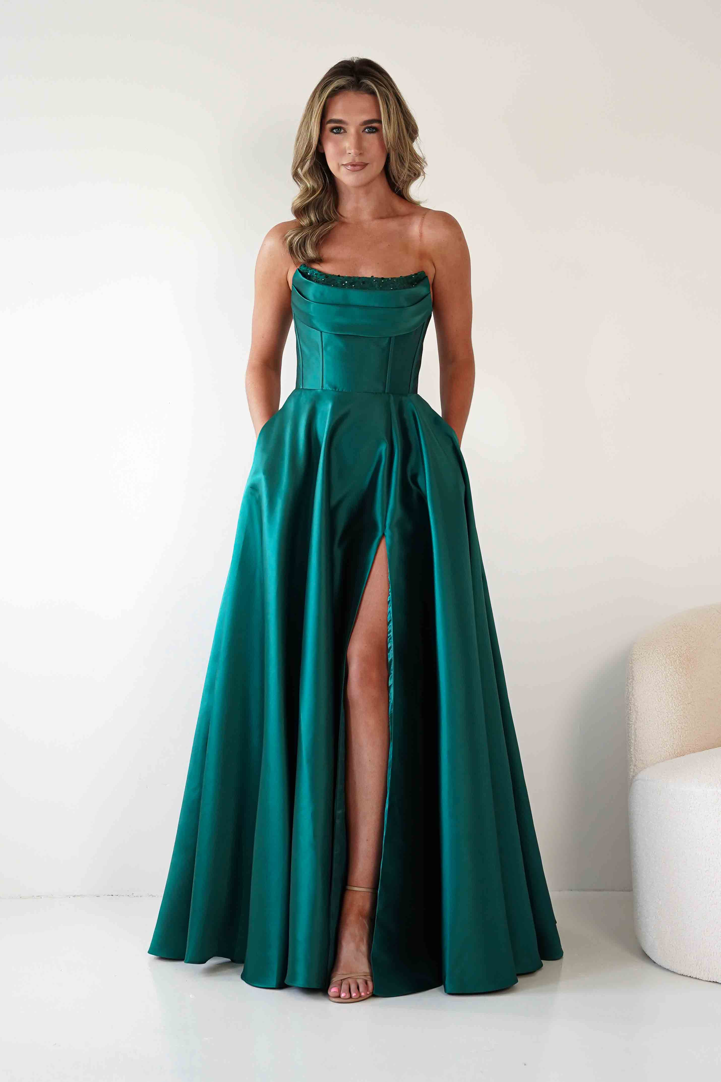 F&P Debs & Prom Dresses Pepper Strapless A-Line Maxi Gown | Emerald Green