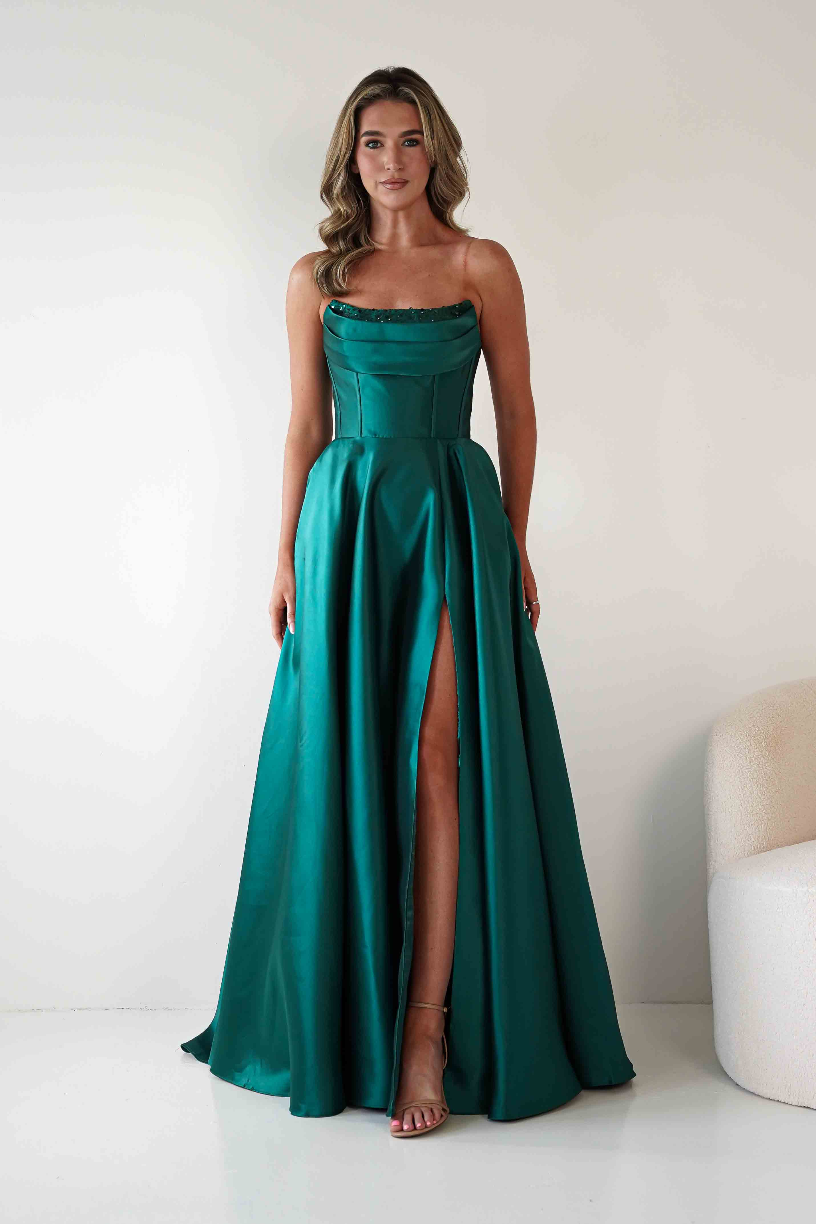 F&P Debs & Prom Dresses Pepper Strapless A-Line Maxi Gown | Emerald Green