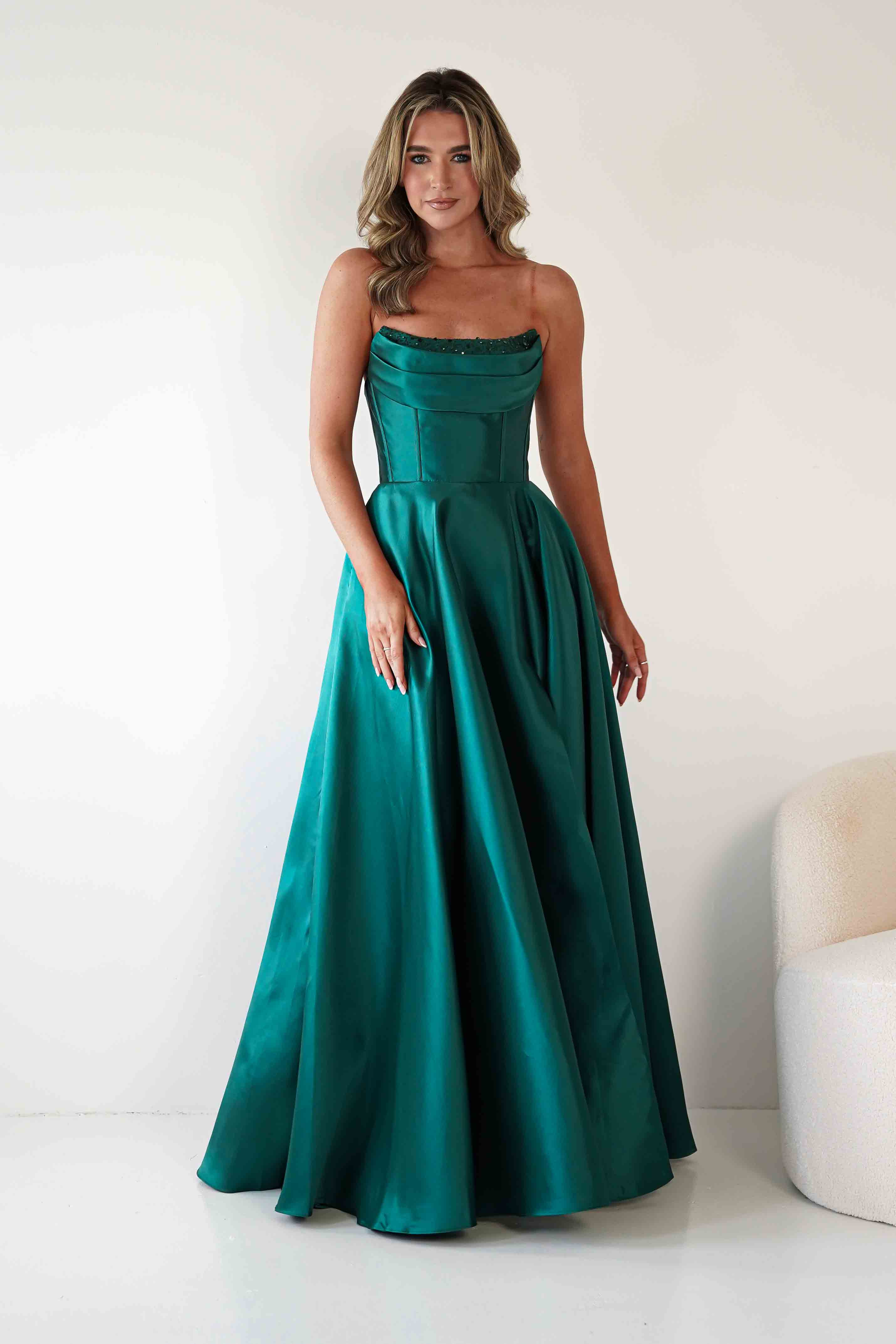 F&P Debs & Prom Dresses Pepper Strapless A-Line Maxi Gown | Emerald Green