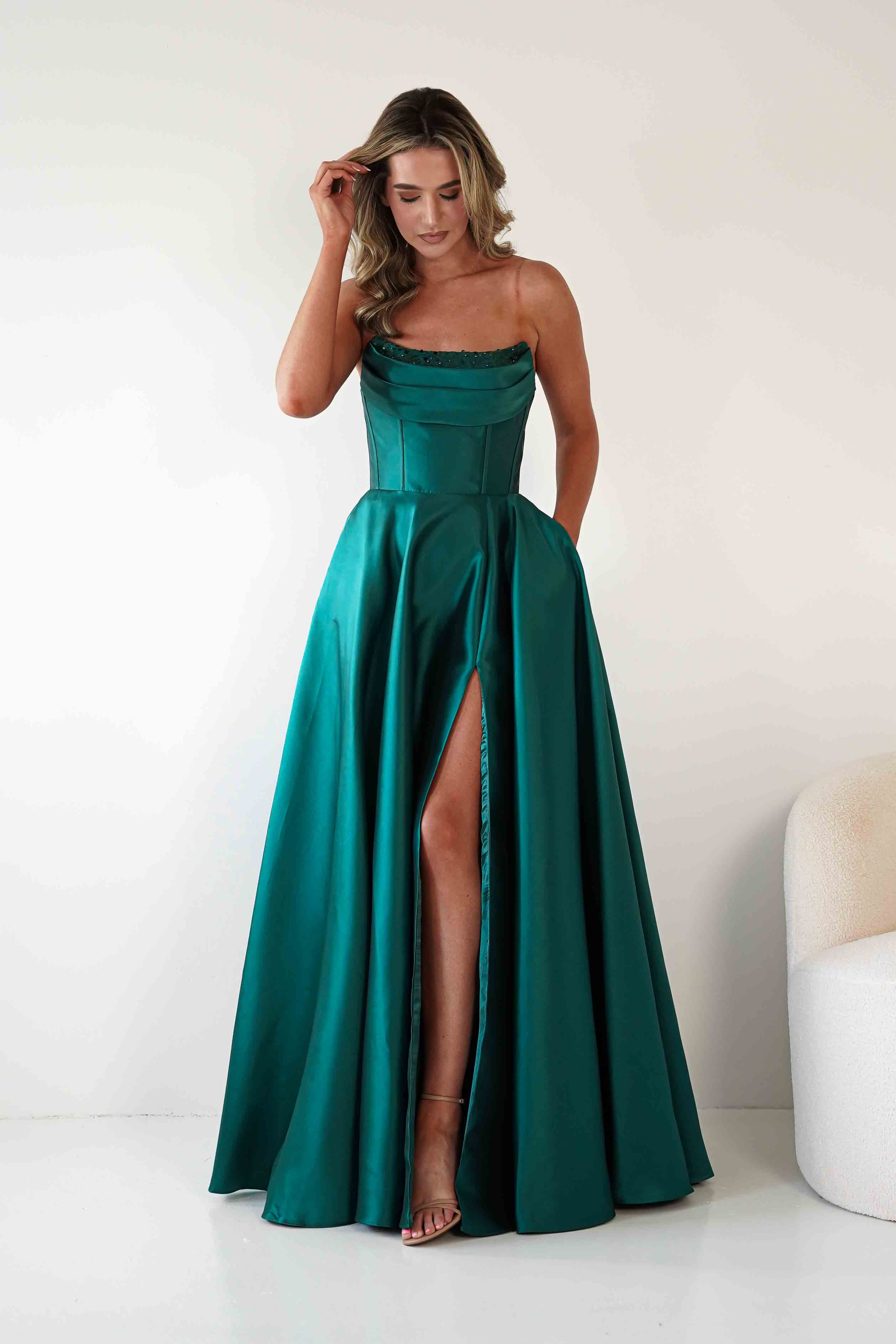 F&P Debs & Prom Dresses Pepper Strapless A-Line Maxi Gown | Emerald Green