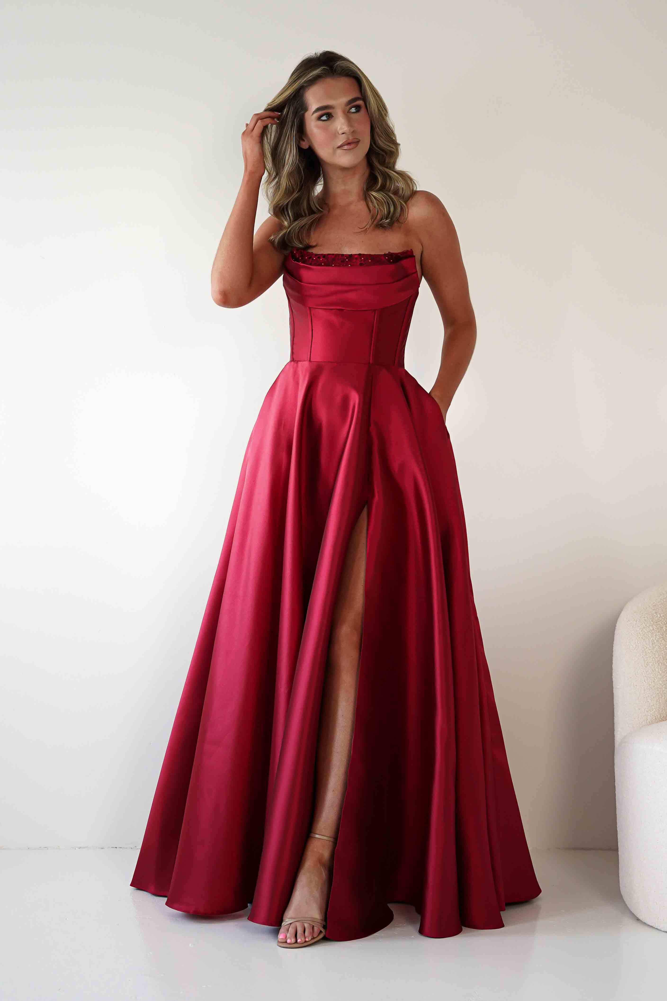 F&P Debs & Prom Dresses Pepper Strapless A-Line Maxi Gown | Red