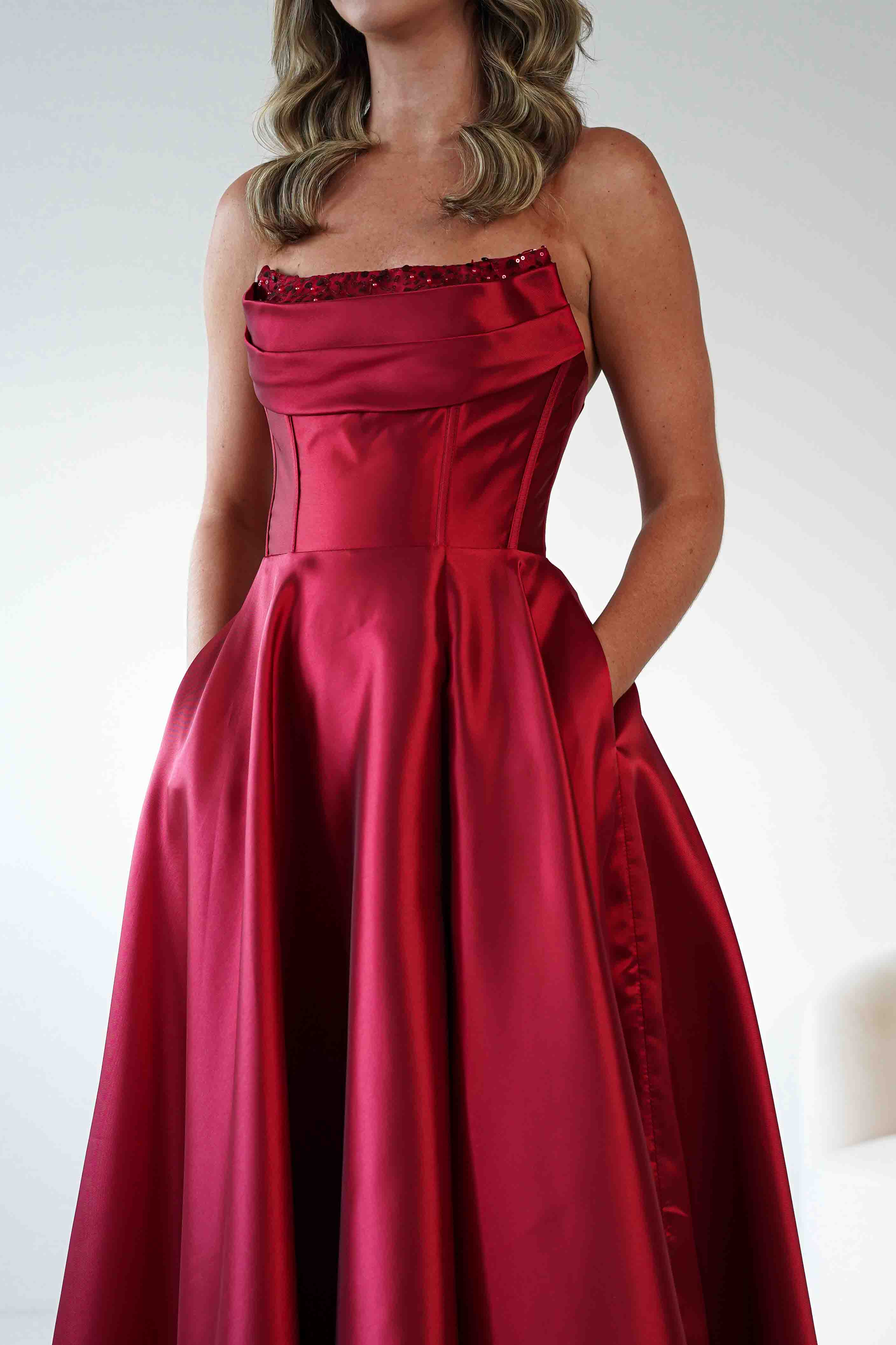 F&P Debs & Prom Dresses Pepper Strapless A-Line Maxi Gown | Red