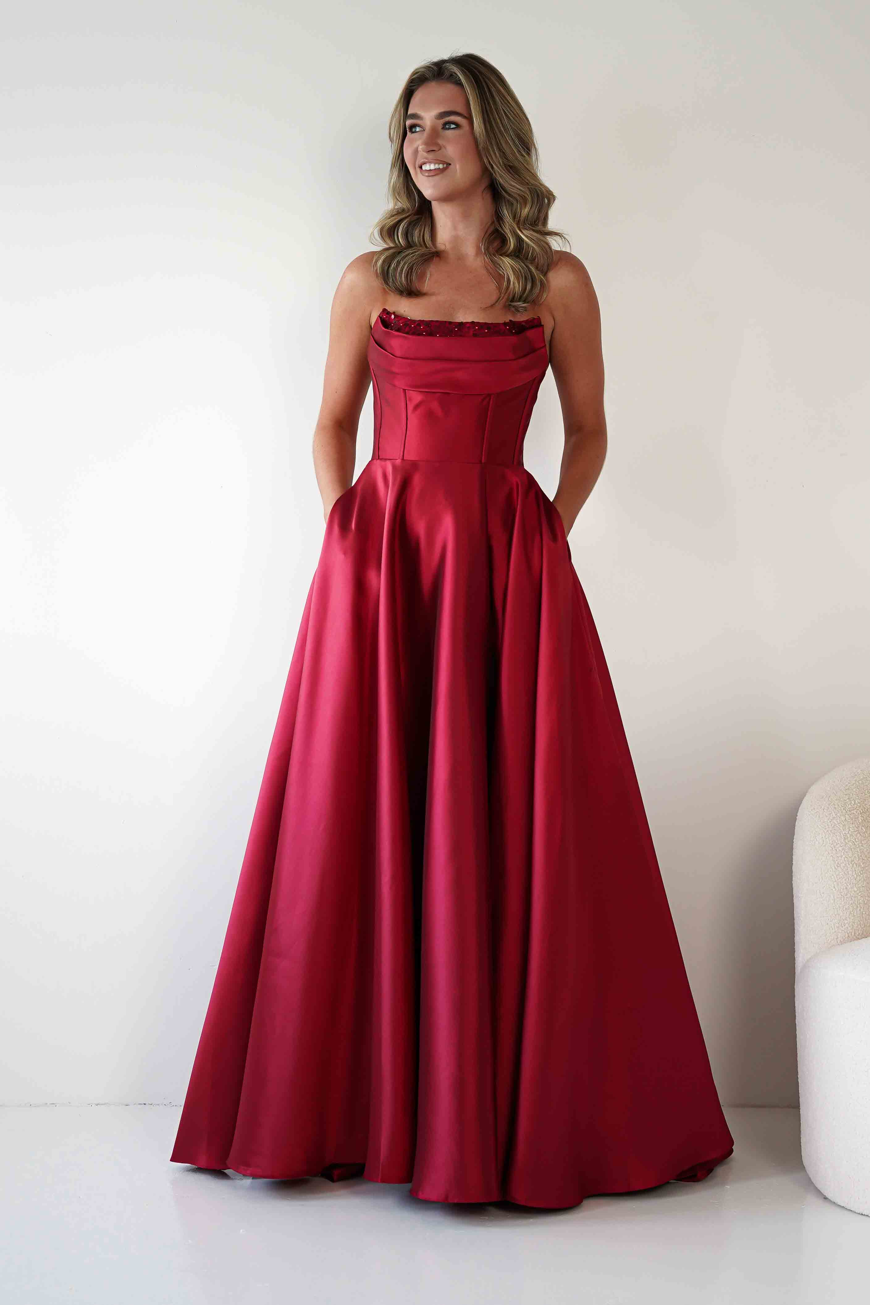 F&P Debs & Prom Dresses Pepper Strapless A-Line Maxi Gown | Red
