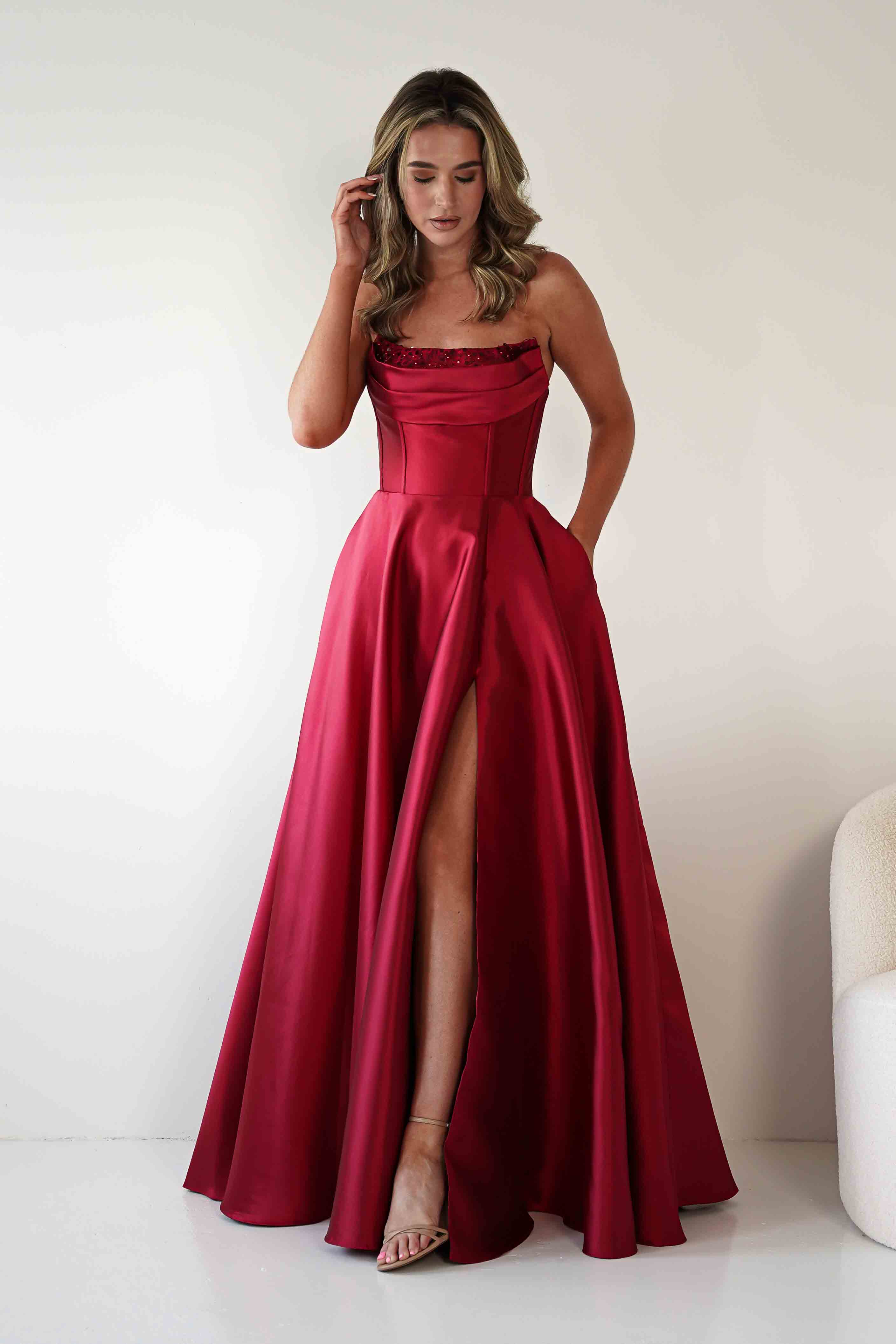 F&P Debs & Prom Dresses Pepper Strapless A-Line Maxi Gown | Red