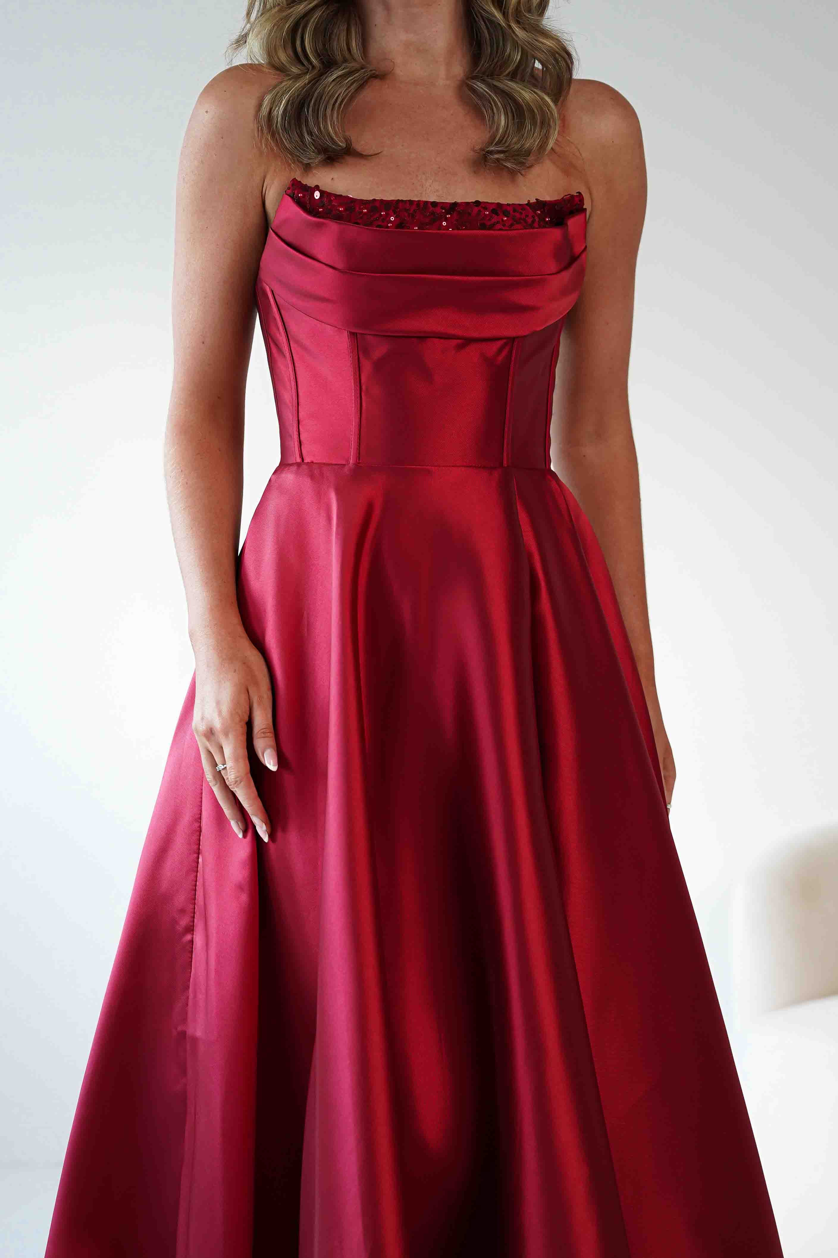 F&P Debs & Prom Dresses Pepper Strapless A-Line Maxi Gown | Red