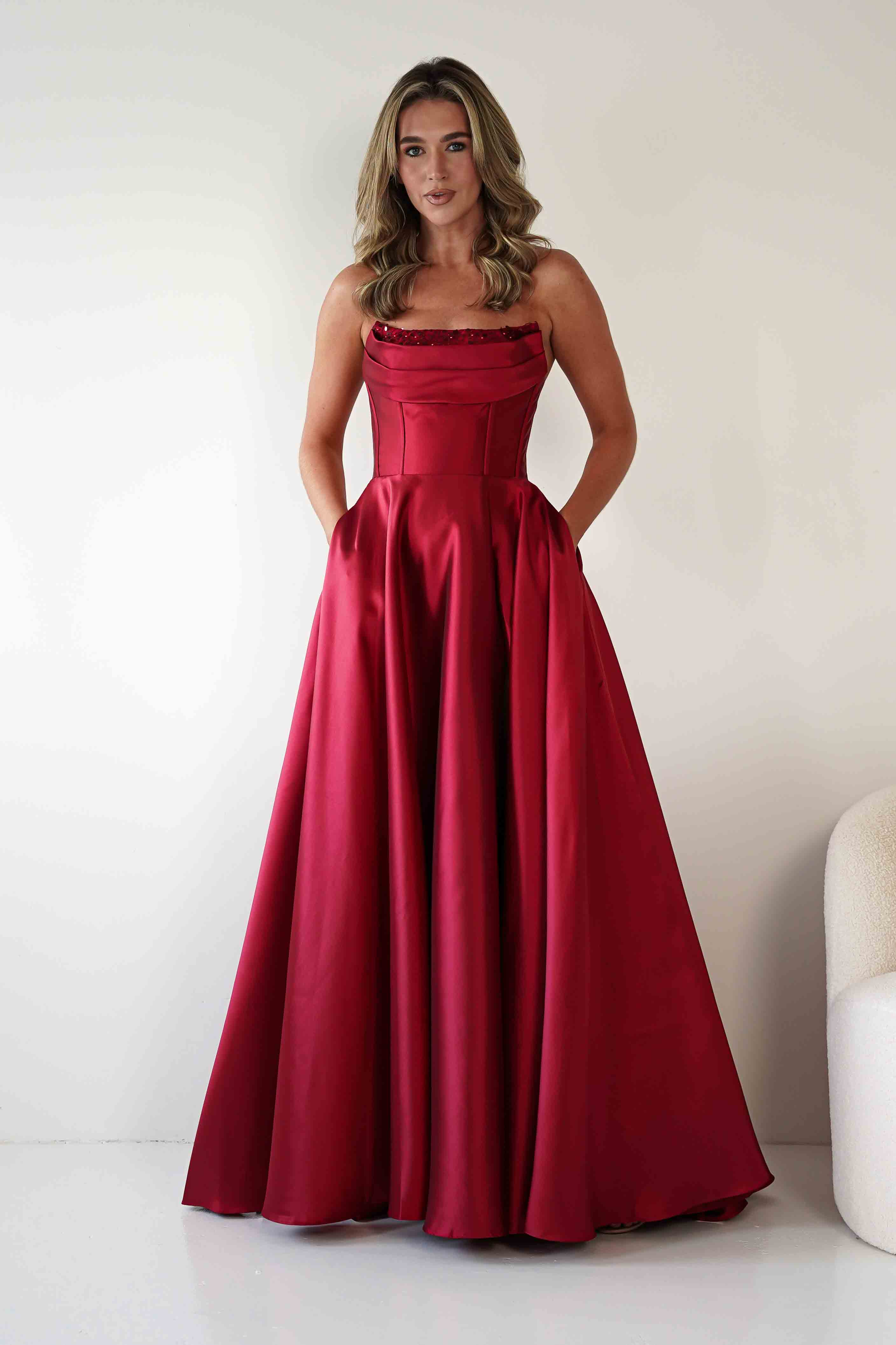 F&P Debs & Prom Dresses Pepper Strapless A-Line Maxi Gown | Red
