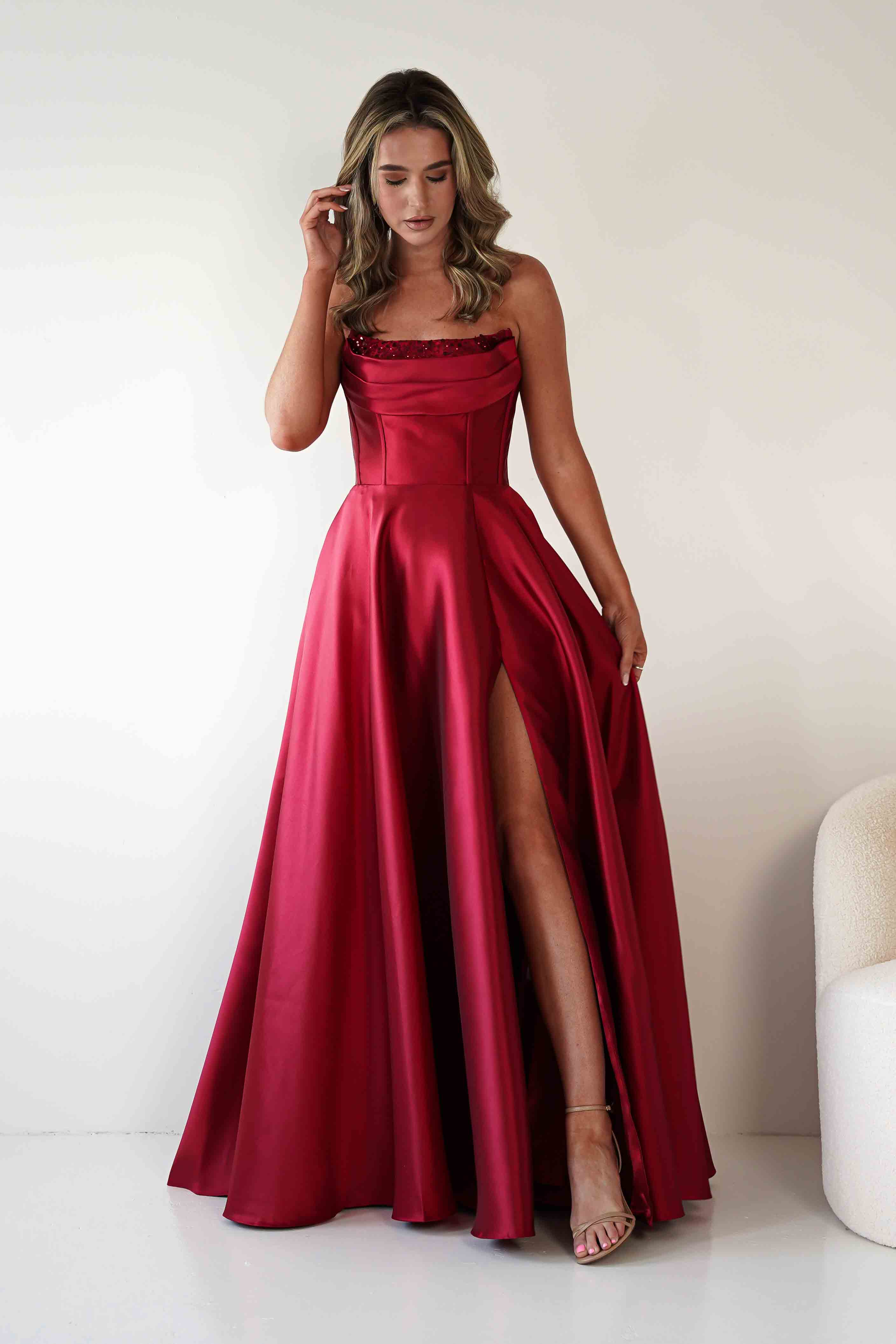 F&P Debs & Prom Dresses Pepper Strapless A-Line Maxi Gown | Red