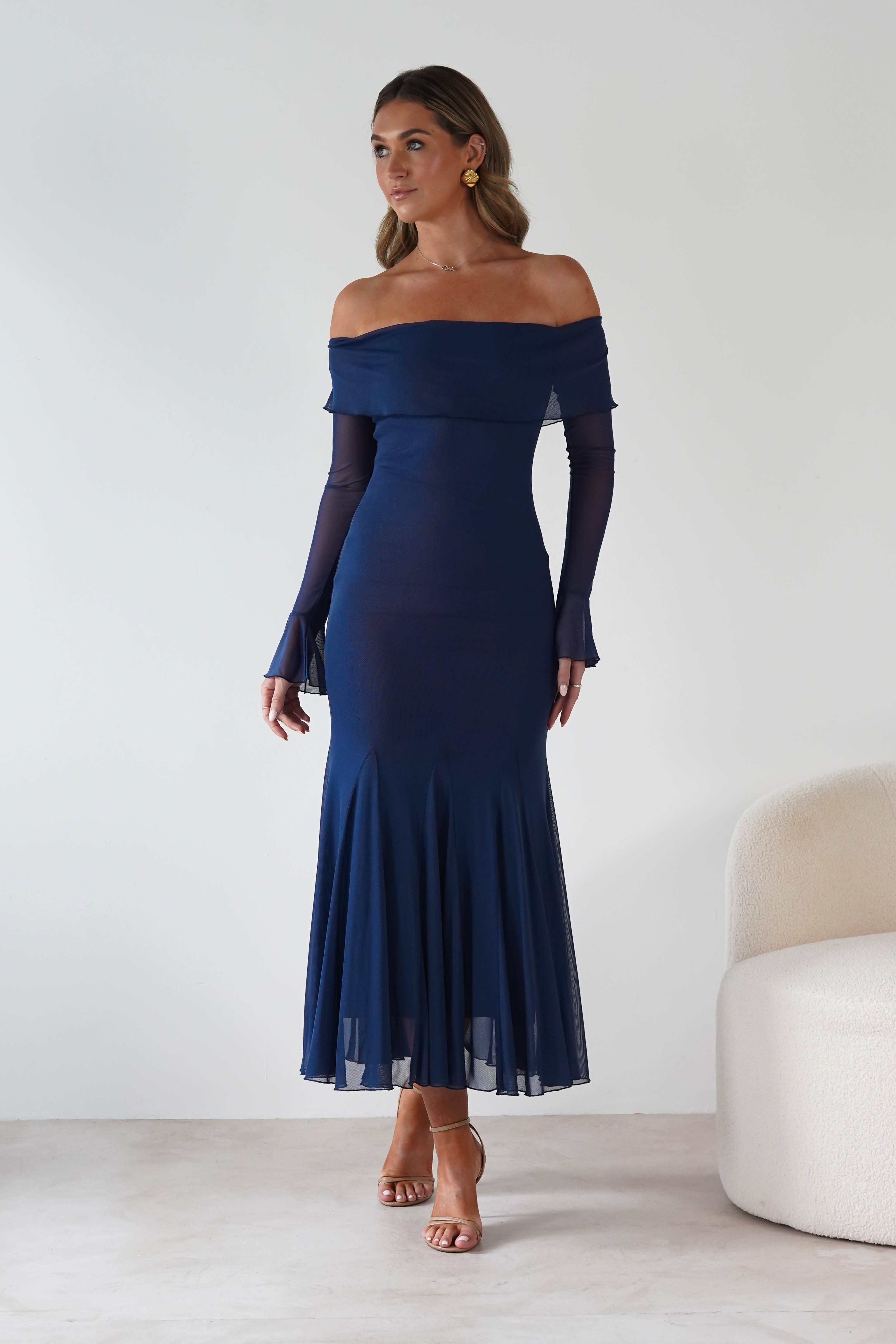 Factory Wedding Guest Dresses Presley Mesh Long Sleeve Midaxi Dress | Blue