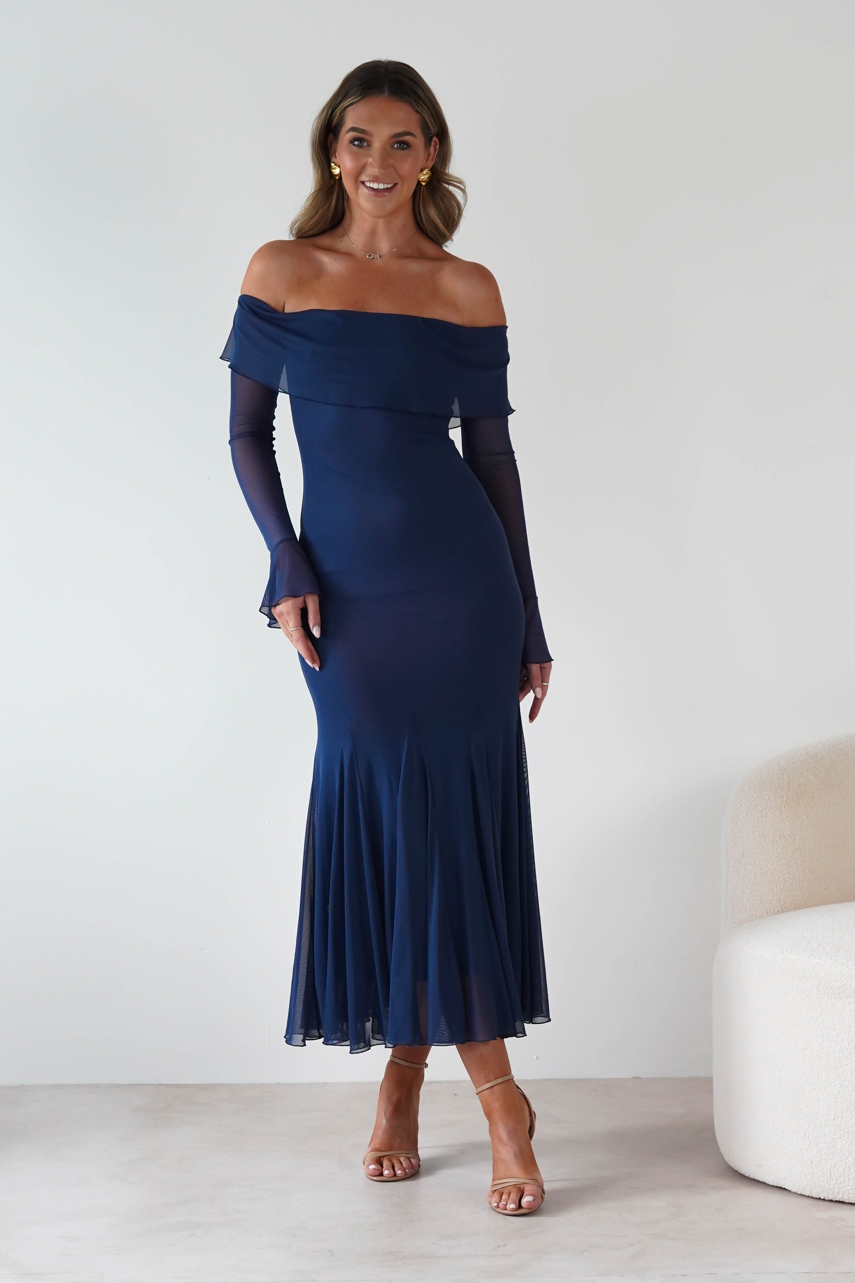 Factory Wedding Guest Dresses Presley Mesh Long Sleeve Midaxi Dress | Blue