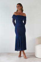 Factory Wedding Guest Dresses Presley Mesh Long Sleeve Midaxi Dress | Blue