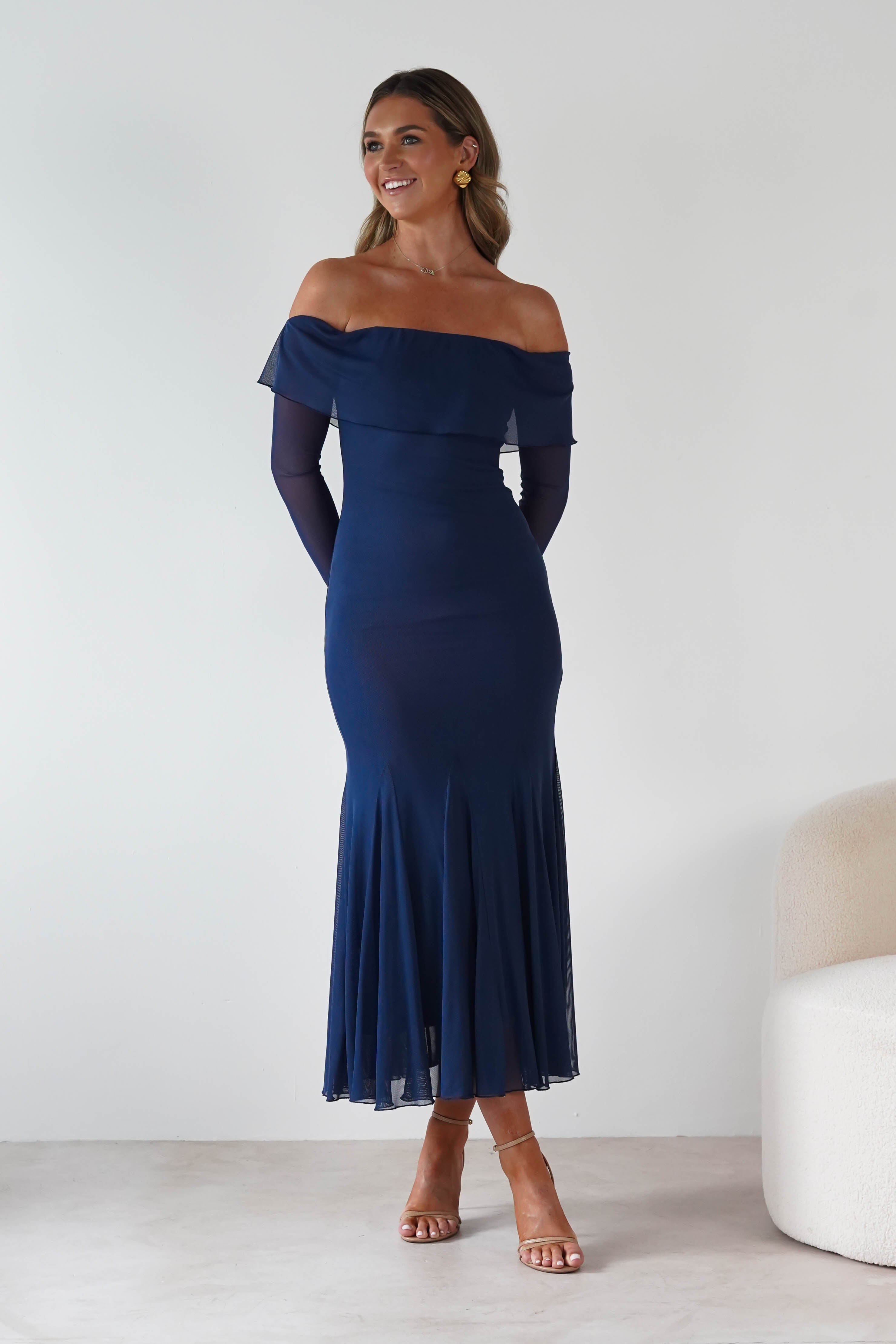 Factory Wedding Guest Dresses Presley Mesh Long Sleeve Midaxi Dress | Blue