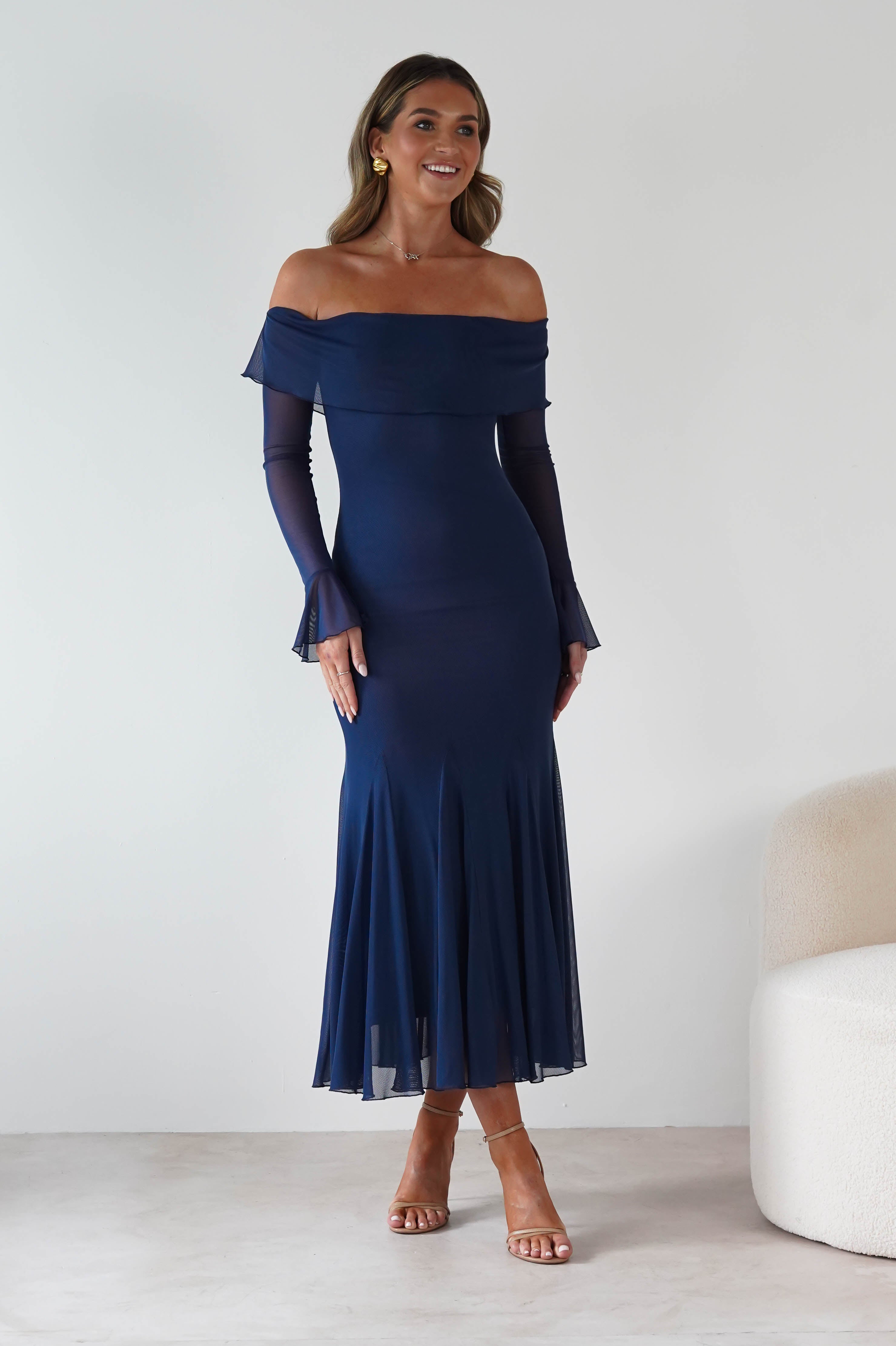 Factory Wedding Guest Dresses Presley Mesh Long Sleeve Midaxi Dress | Blue