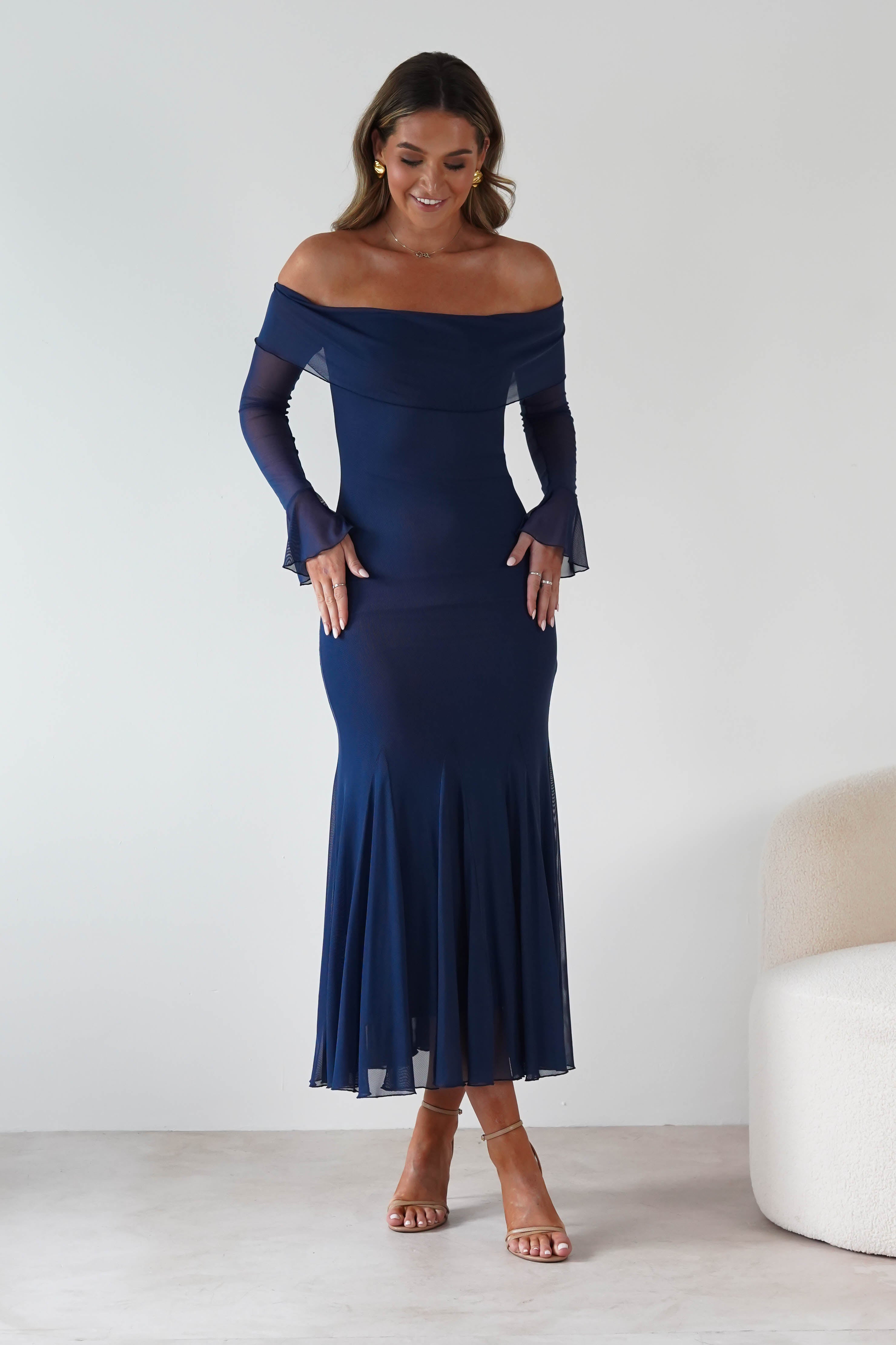 Factory Wedding Guest Dresses Presley Mesh Long Sleeve Midaxi Dress | Blue