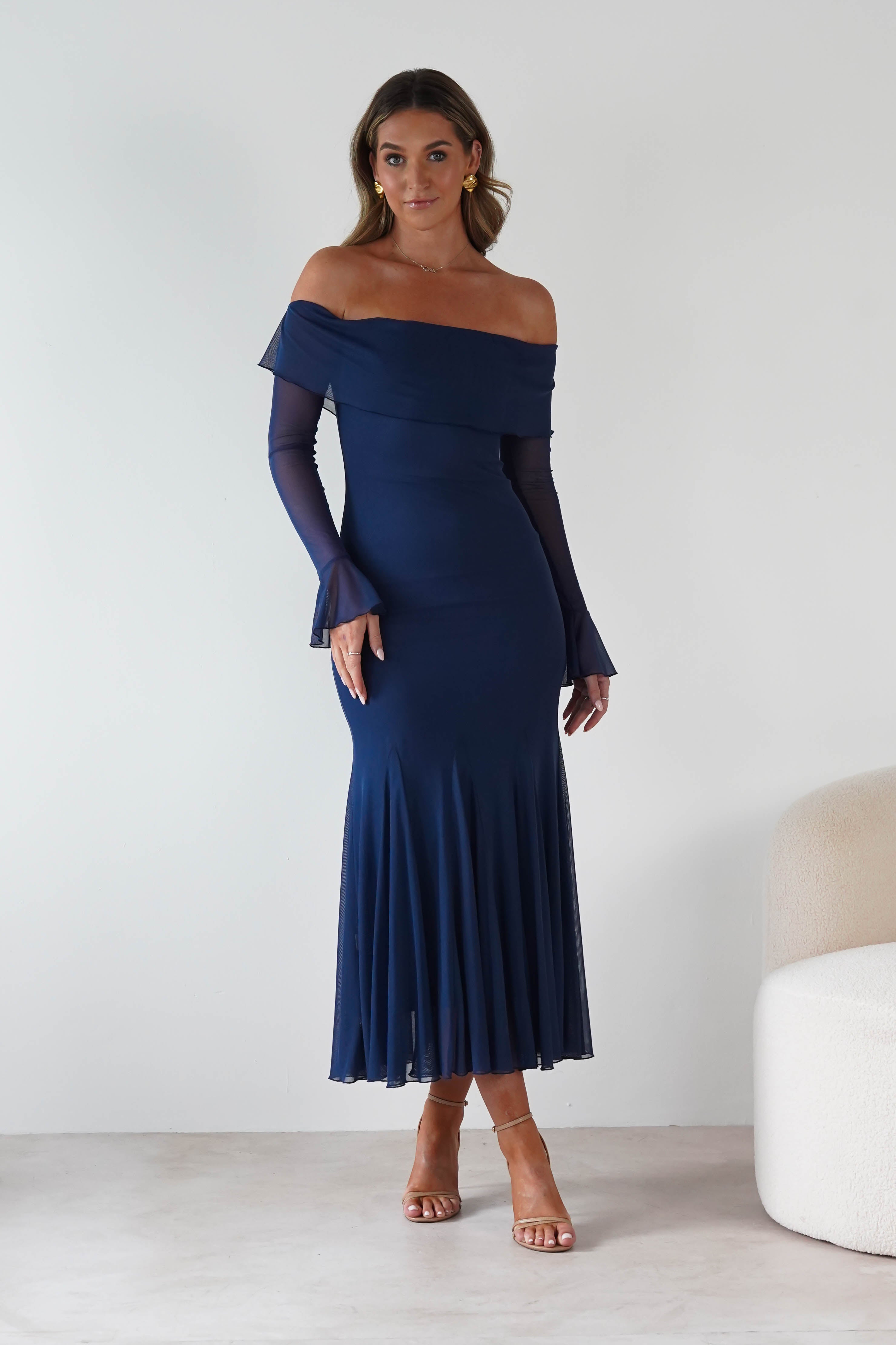 Factory Wedding Guest Dresses Presley Mesh Long Sleeve Midaxi Dress | Blue