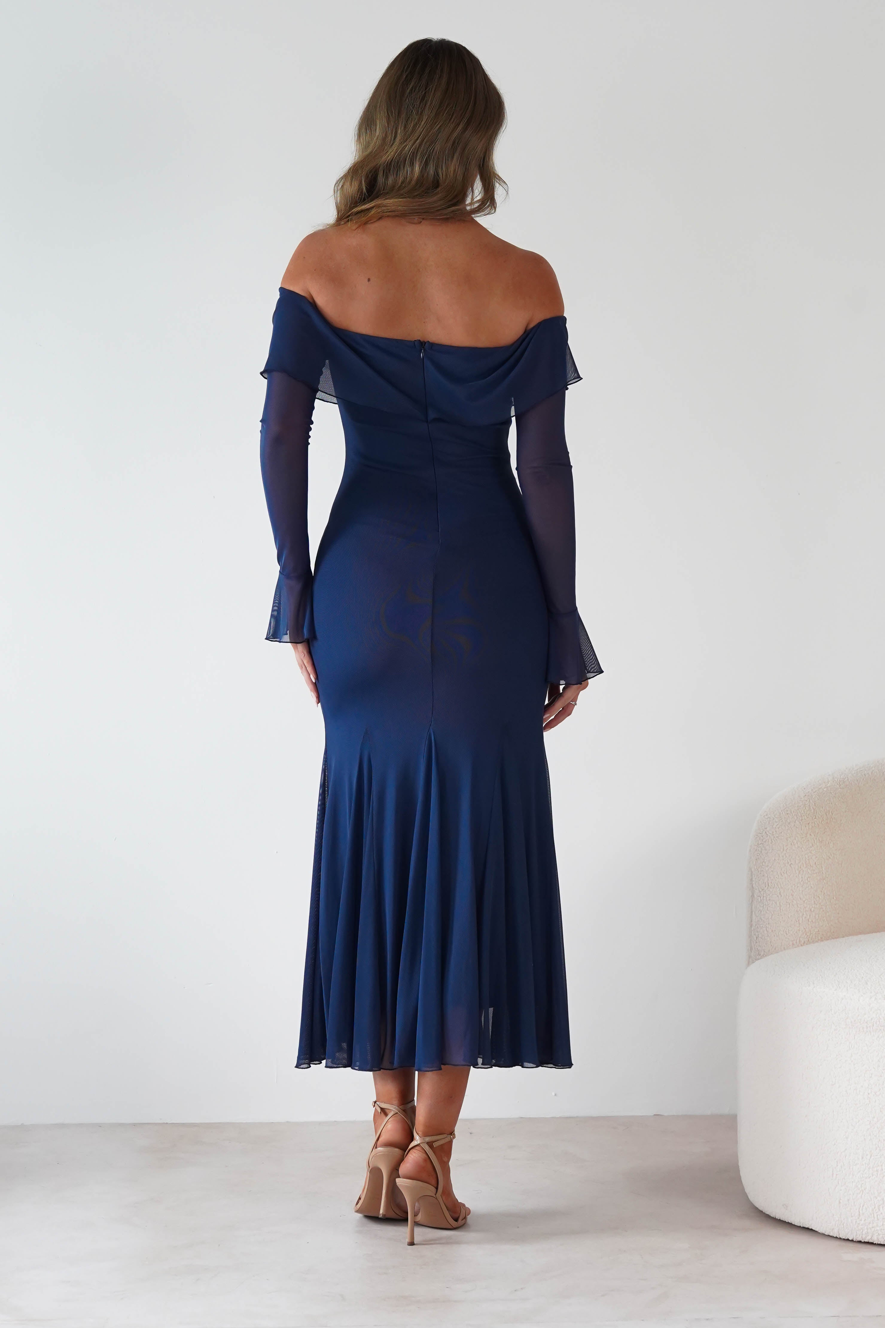 Factory Wedding Guest Dresses Presley Mesh Long Sleeve Midaxi Dress | Blue