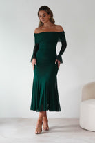 Factory Wedding Guest Dresses Presley Mesh Long Sleeve Midaxi Dress | Forest Green