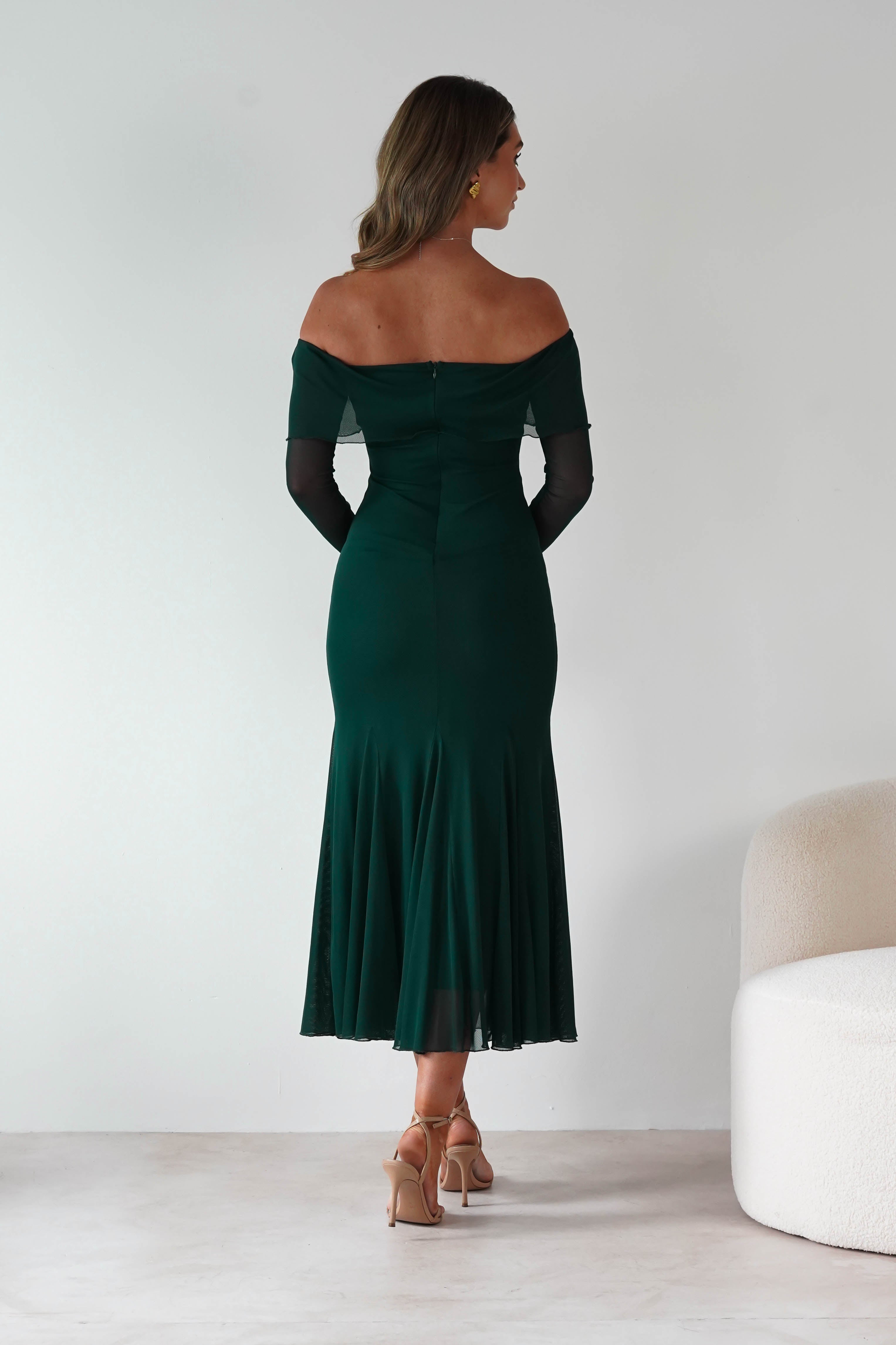 Factory Wedding Guest Dresses Presley Mesh Long Sleeve Midaxi Dress | Forest Green