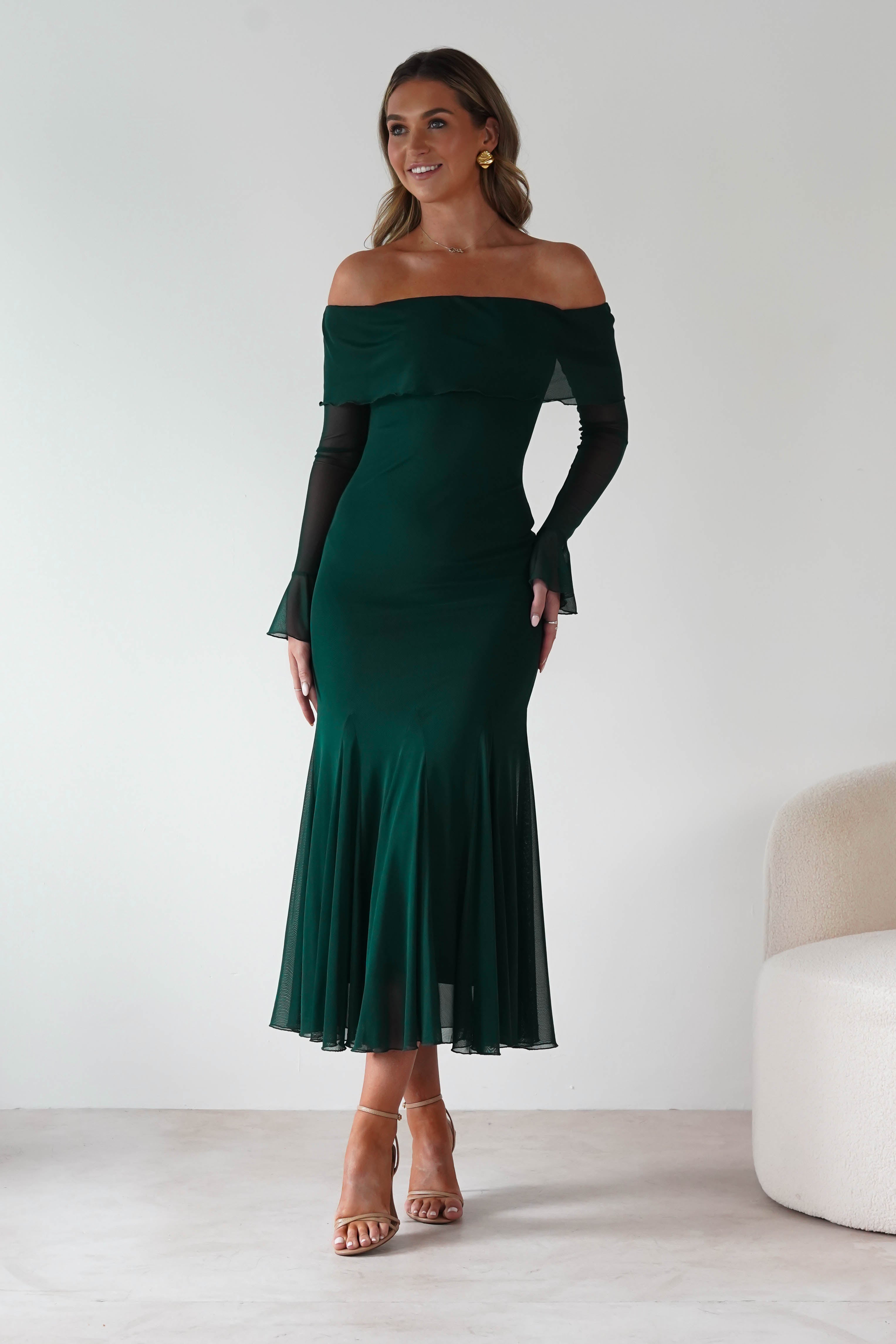 Factory Wedding Guest Dresses Presley Mesh Long Sleeve Midaxi Dress | Forest Green