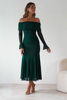 Factory Wedding Guest Dresses Presley Mesh Long Sleeve Midaxi Dress | Forest Green
