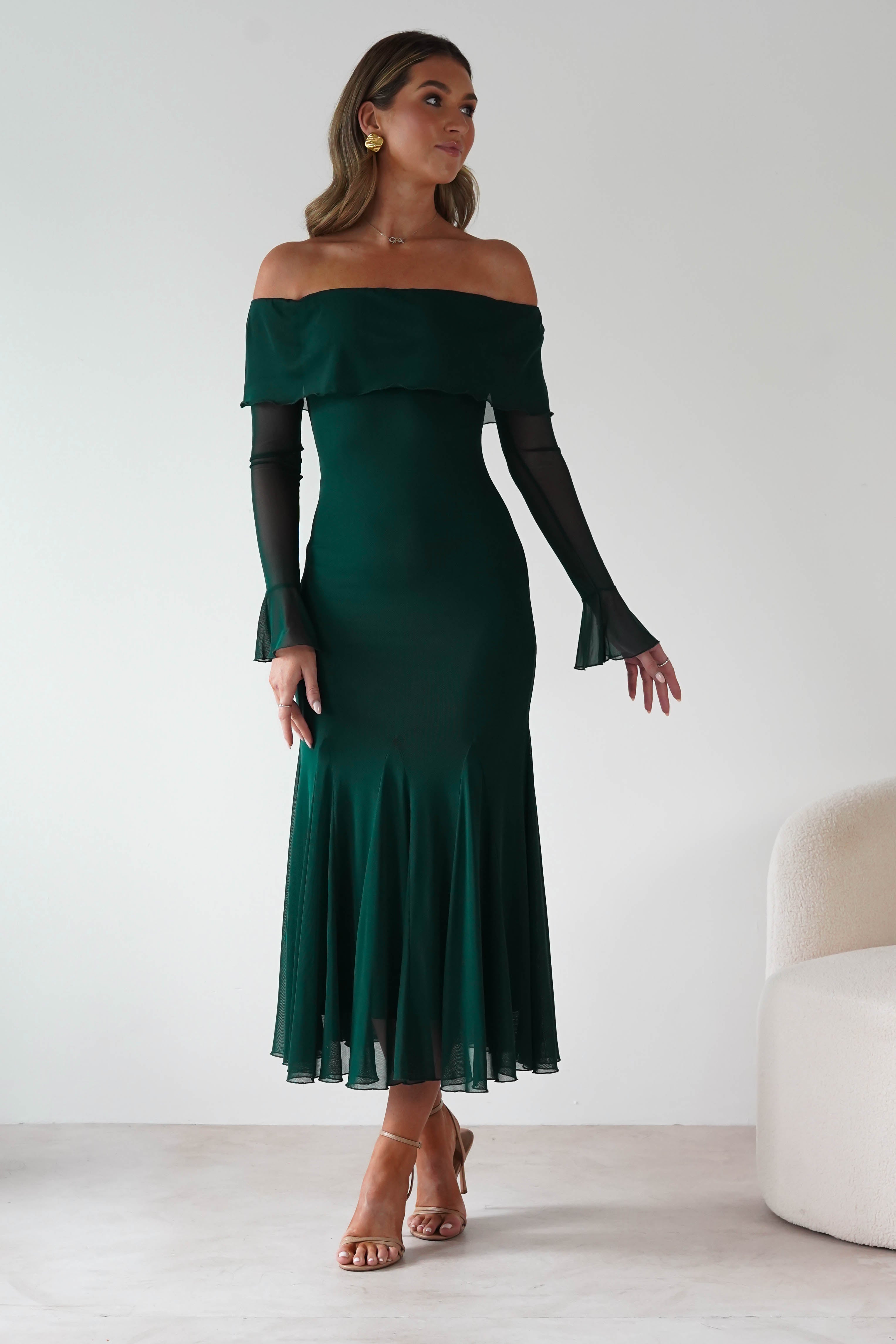 Factory Wedding Guest Dresses Presley Mesh Long Sleeve Midaxi Dress | Forest Green