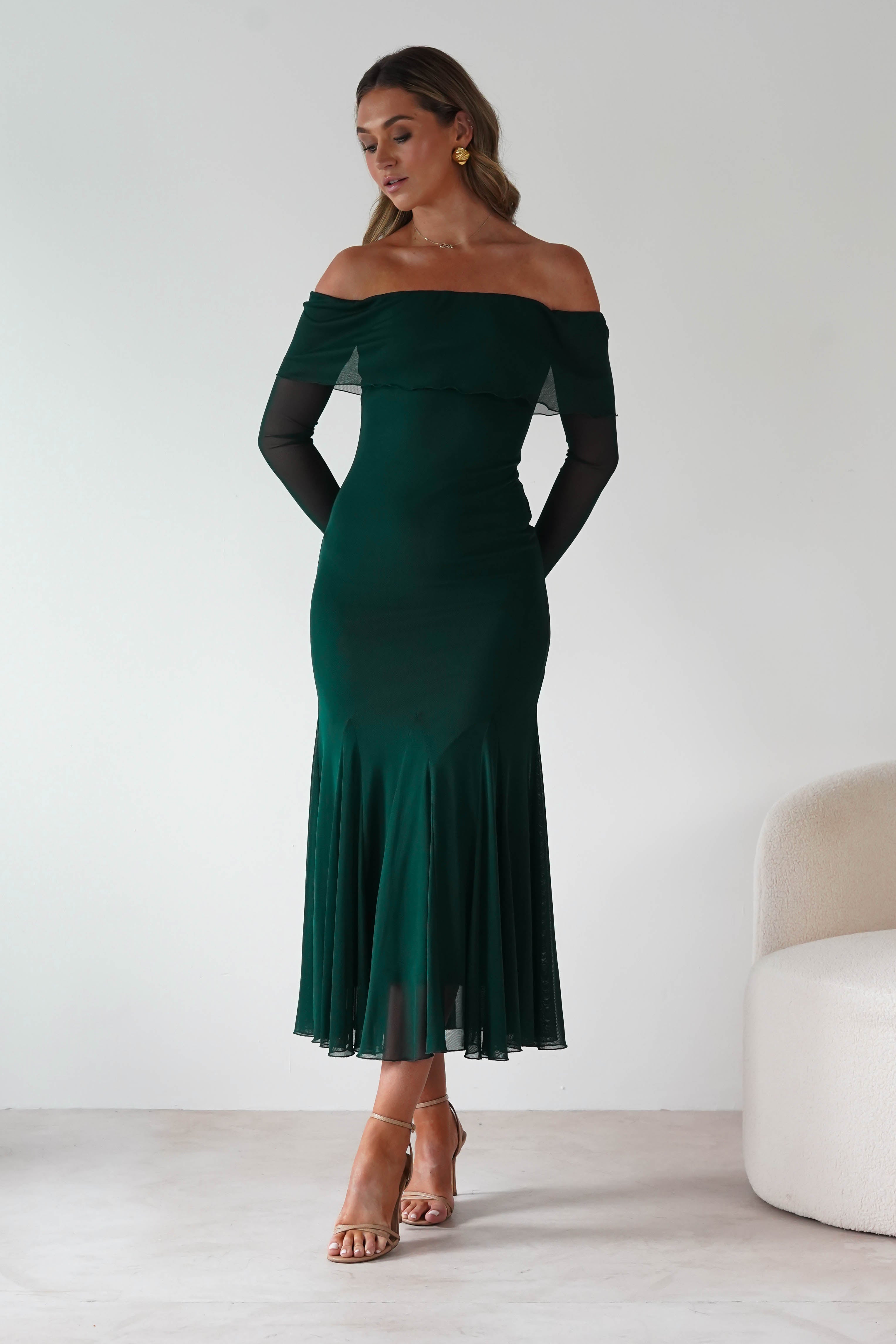 Factory Wedding Guest Dresses Presley Mesh Long Sleeve Midaxi Dress | Forest Green