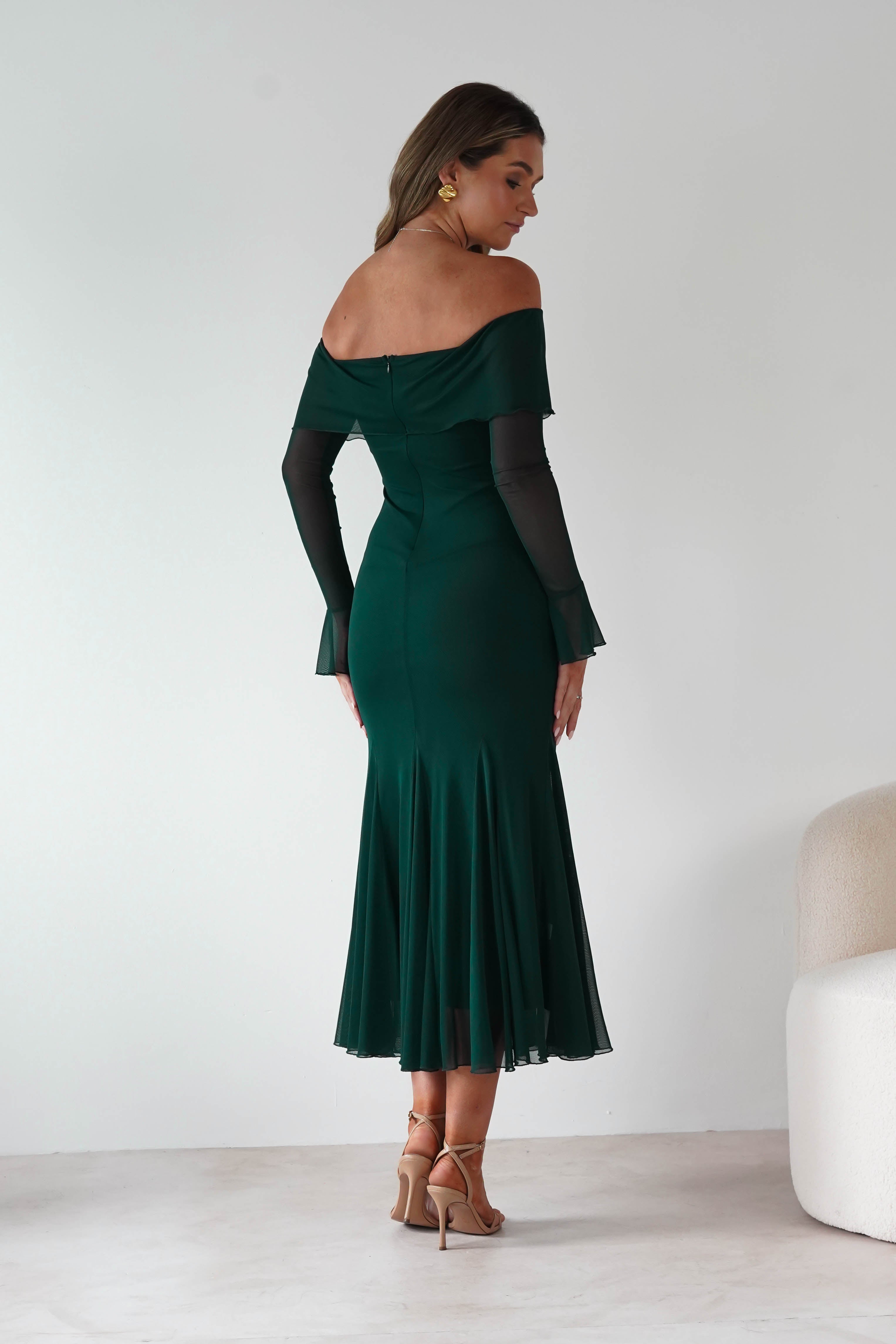 Factory Wedding Guest Dresses Presley Mesh Long Sleeve Midaxi Dress | Forest Green