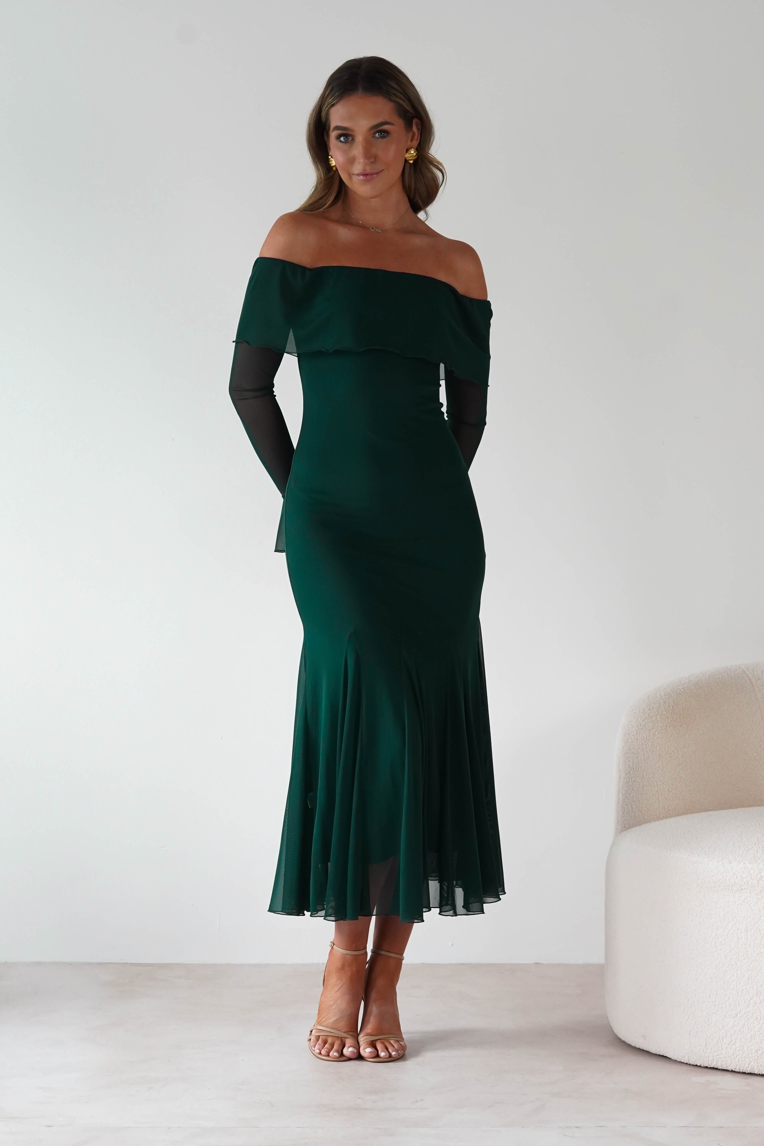 Factory Wedding Guest Dresses Presley Mesh Long Sleeve Midaxi Dress | Forest Green