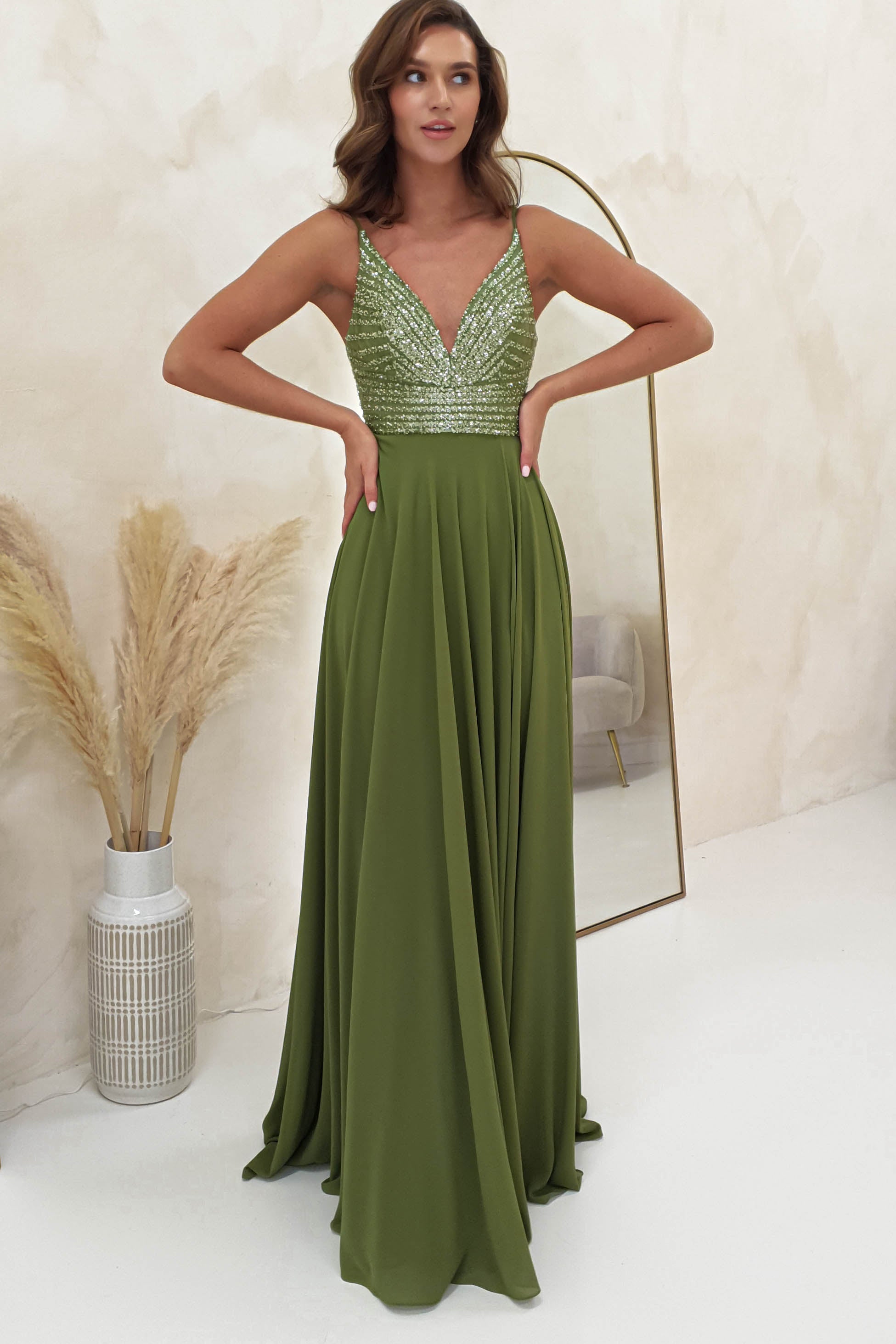 Raiza Chiffon Embellished Maxi Gown | Khaki - Oh Hello Clothing