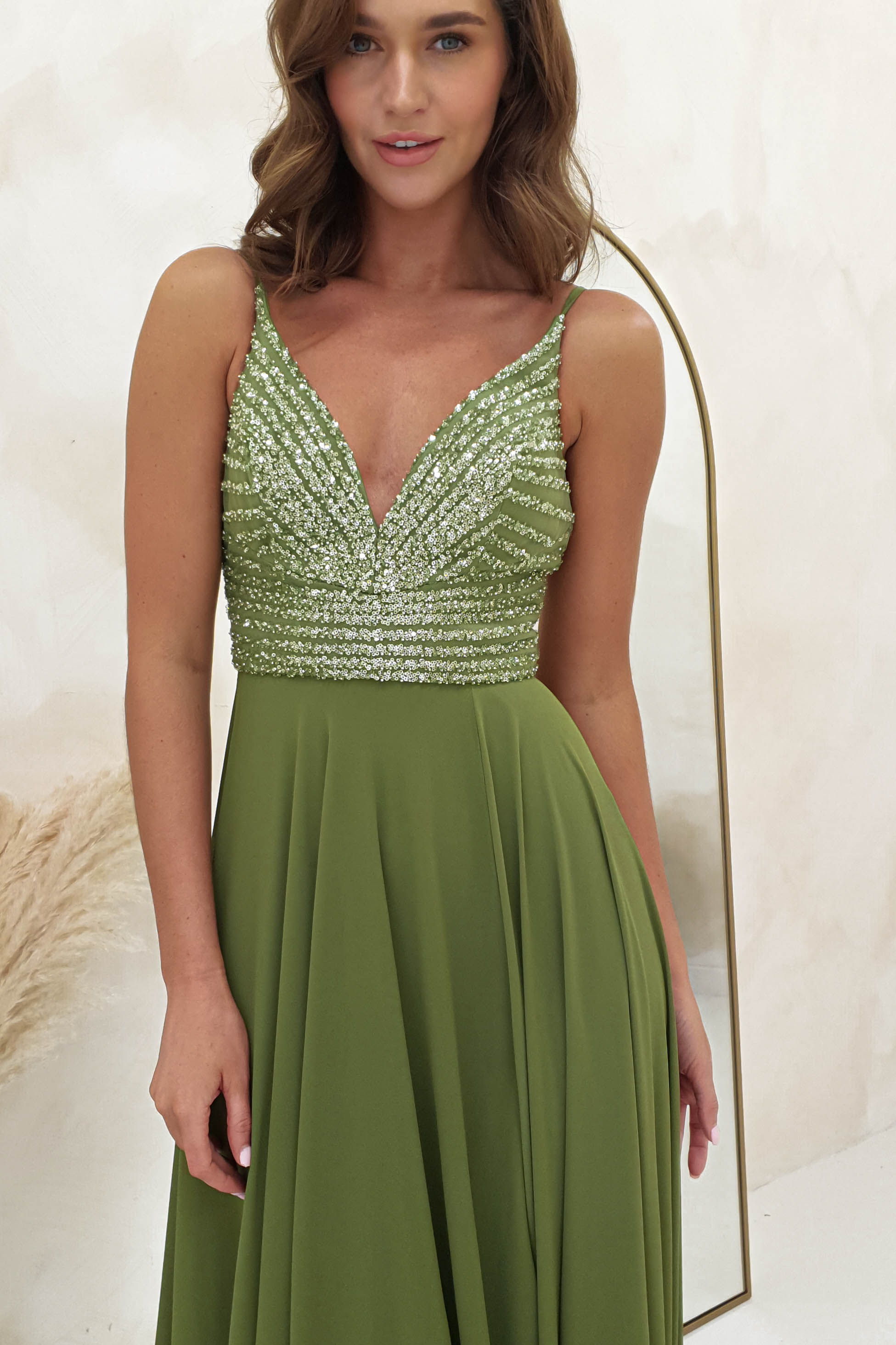Raiza Chiffon Embellished Maxi Gown | Khaki - Oh Hello Clothing