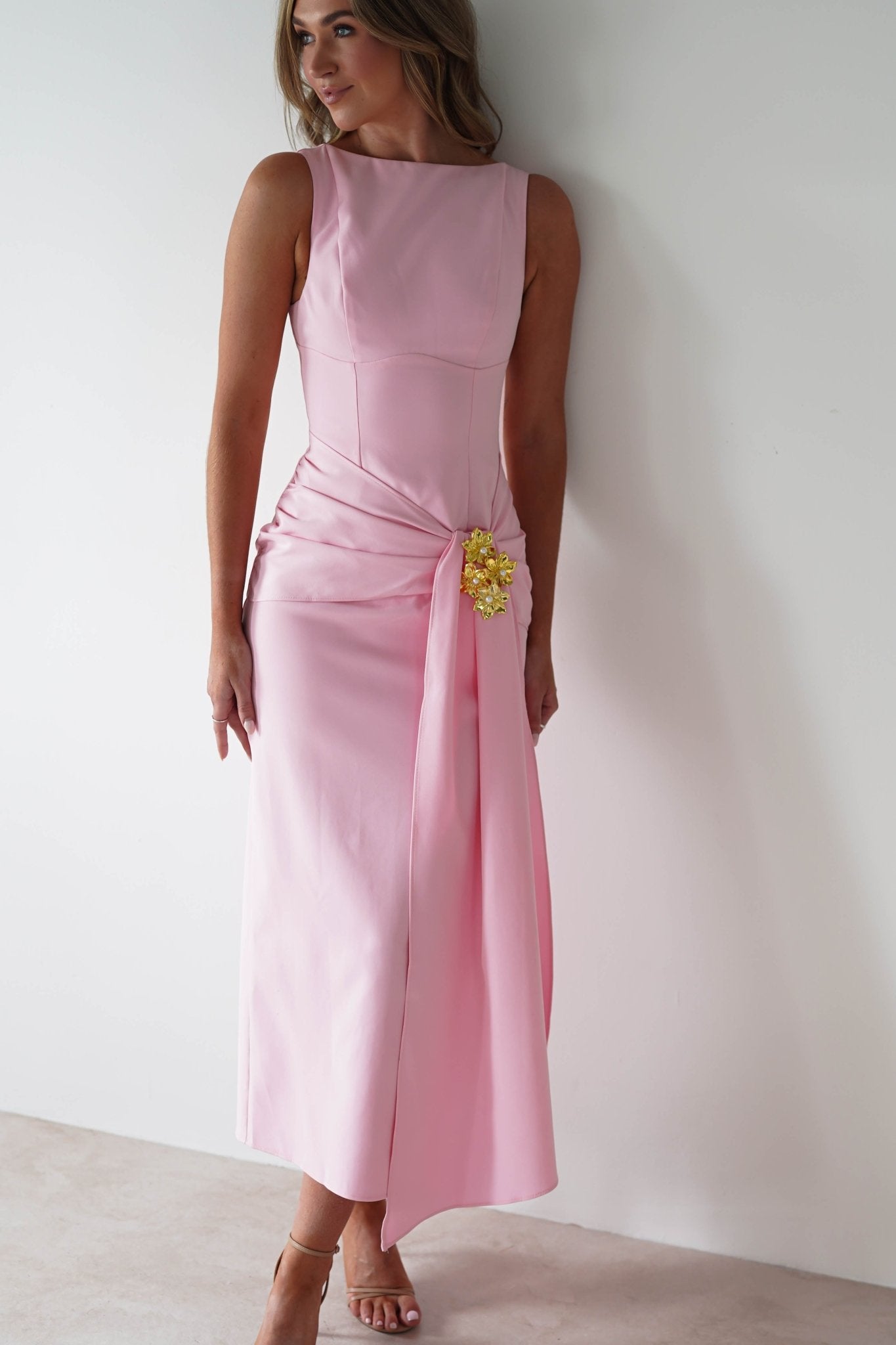 Rina Gathered Waist Midaxi Dress | Pink | Oh Hello Clothing | XS (6)