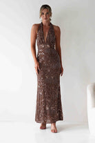Sabrina Beaded Halterneck Maxi Dress | Brown | Oh Hello Clothing | XS (6)