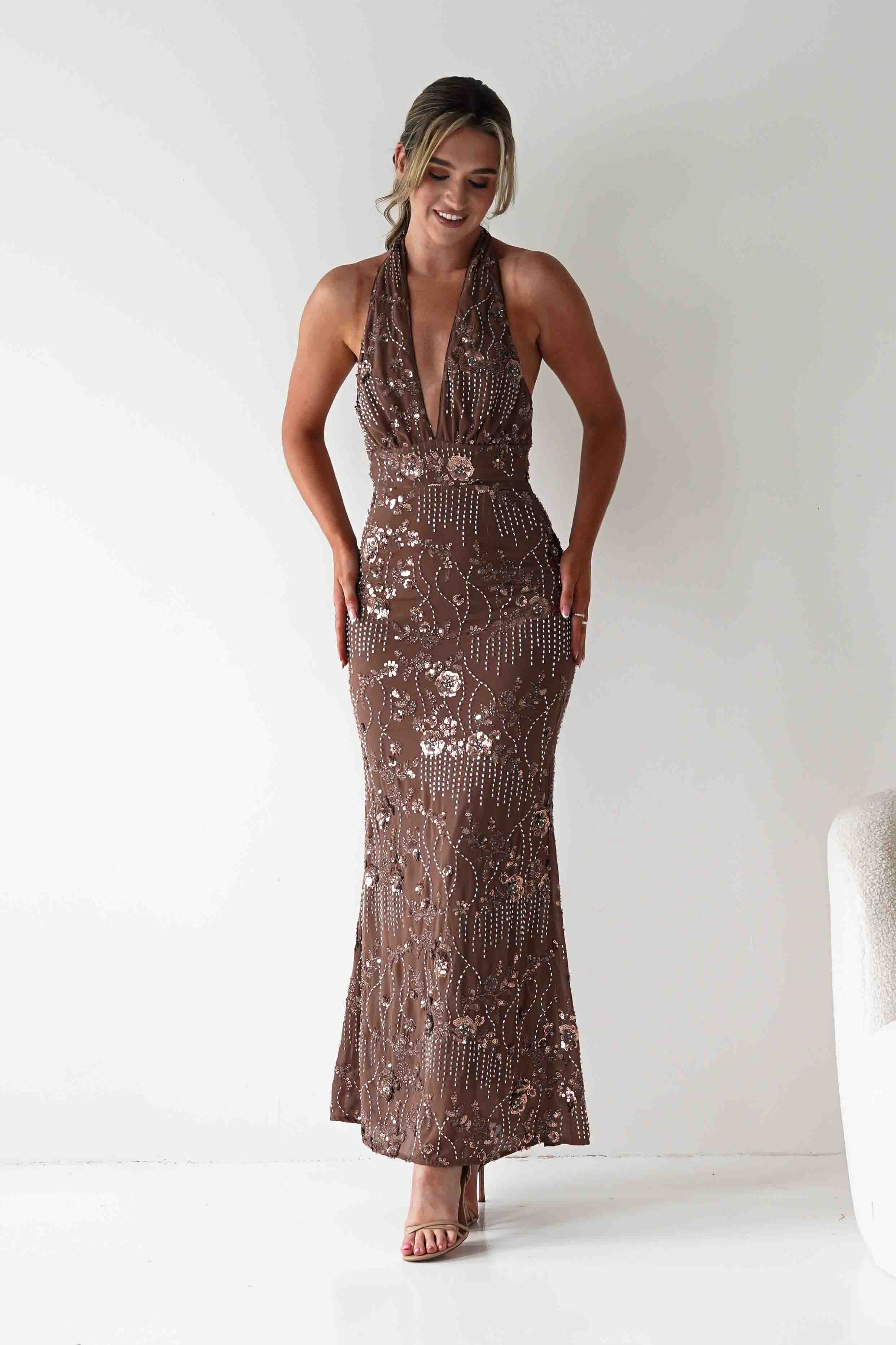 FACTORY Dresses Sabrina Beaded Halterneck Maxi Dress | Brown