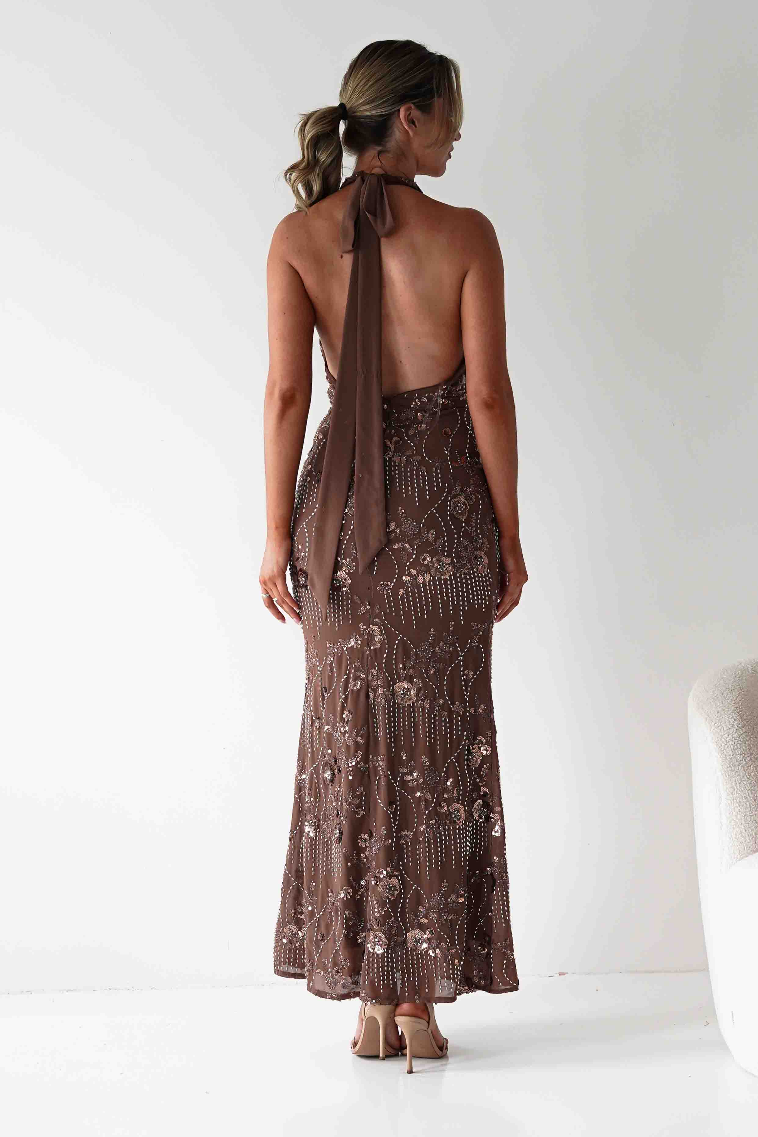 FACTORY Dresses Sabrina Beaded Halterneck Maxi Dress | Brown