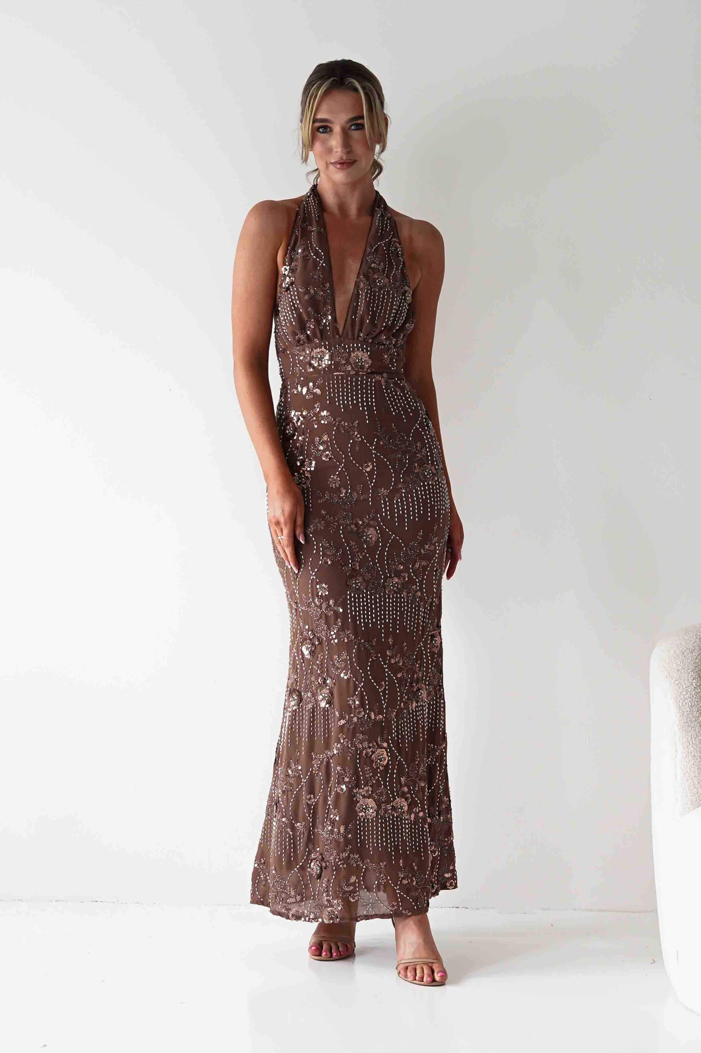 FACTORY Dresses Sabrina Beaded Halterneck Maxi Dress | Brown