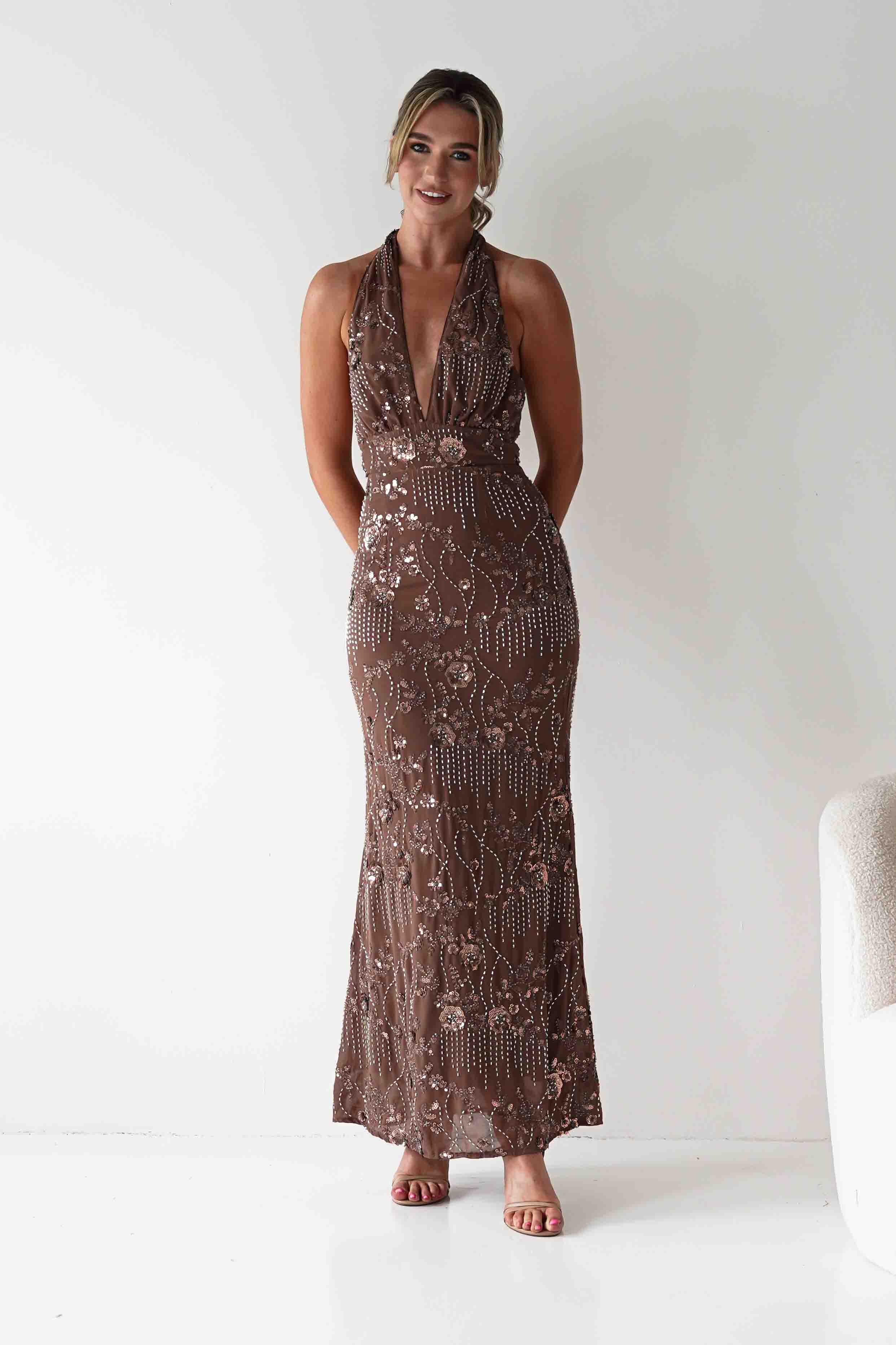 FACTORY Dresses Sabrina Beaded Halterneck Maxi Dress | Brown