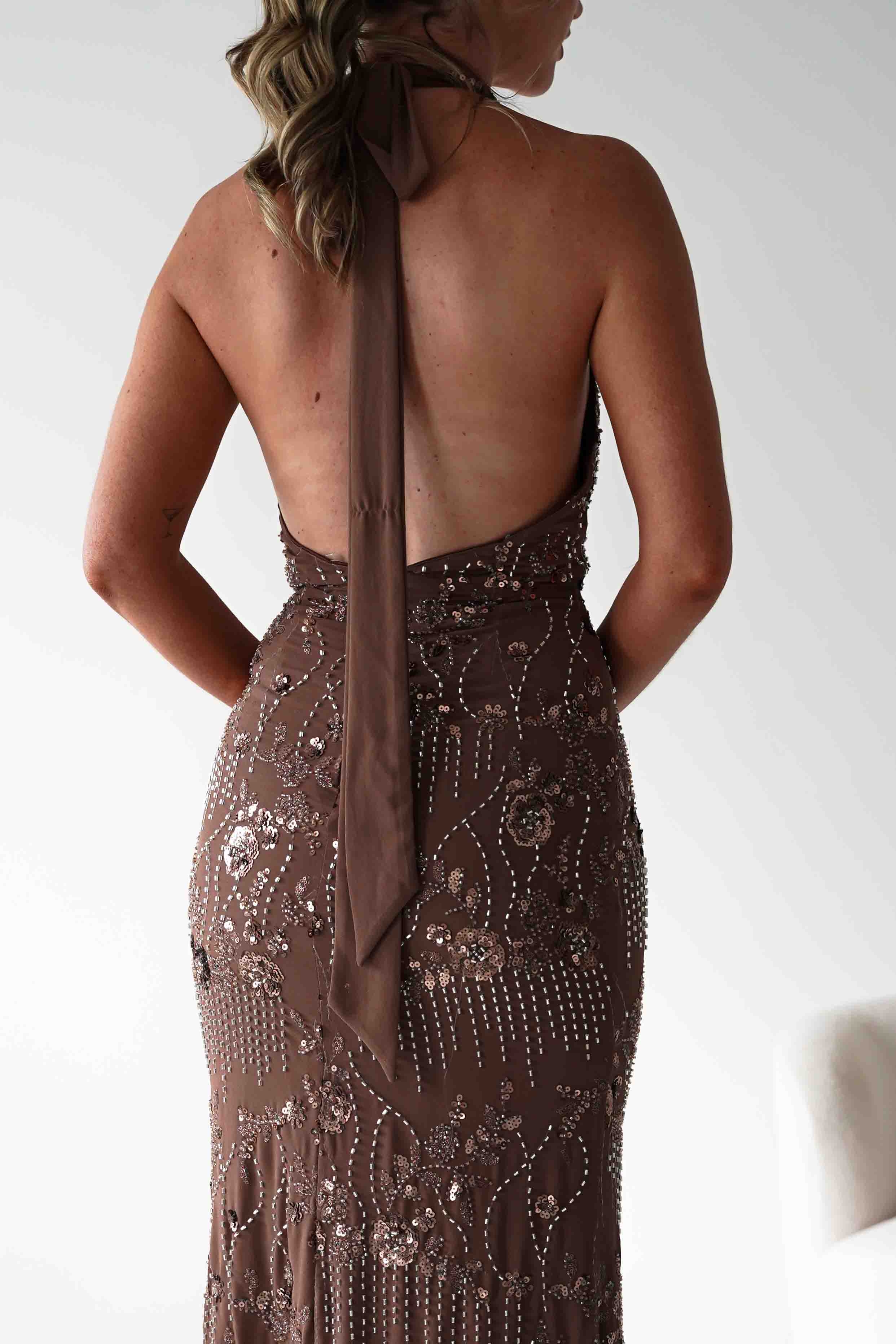 FACTORY Dresses Sabrina Beaded Halterneck Maxi Dress | Brown